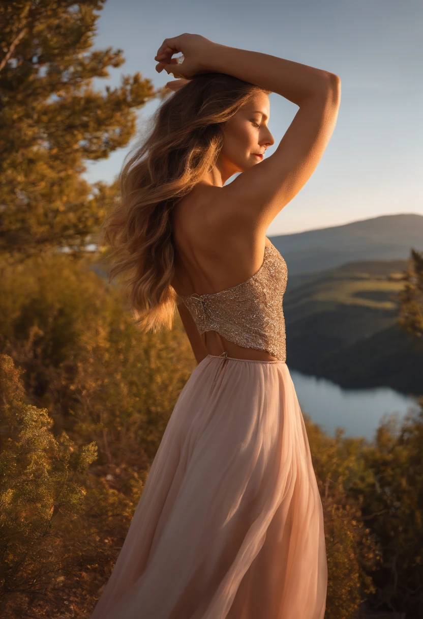 1 fille, Expression heureuse, Des yeux charmants, cheveux longs raides, Jupe fluide, grand, Regarder le soleil, posture calme, porcelain-like skin, Blush subtil, BREAK golden hour crystal pendant, (edge lighting): 1.2, couleurs froides, flare, ombres douces, couleurs vives, Effets de peinture, fantastic atmosphere BREAK Picturesque lakes, montagnes lointaines, Pins, Sommets, reflections, Sunny clouds, Tranquil atmosphere, Lever de soleil idyllique, Ultra detailded, Art officiel, Unified 8k wallpapers, Zentangle, mandala