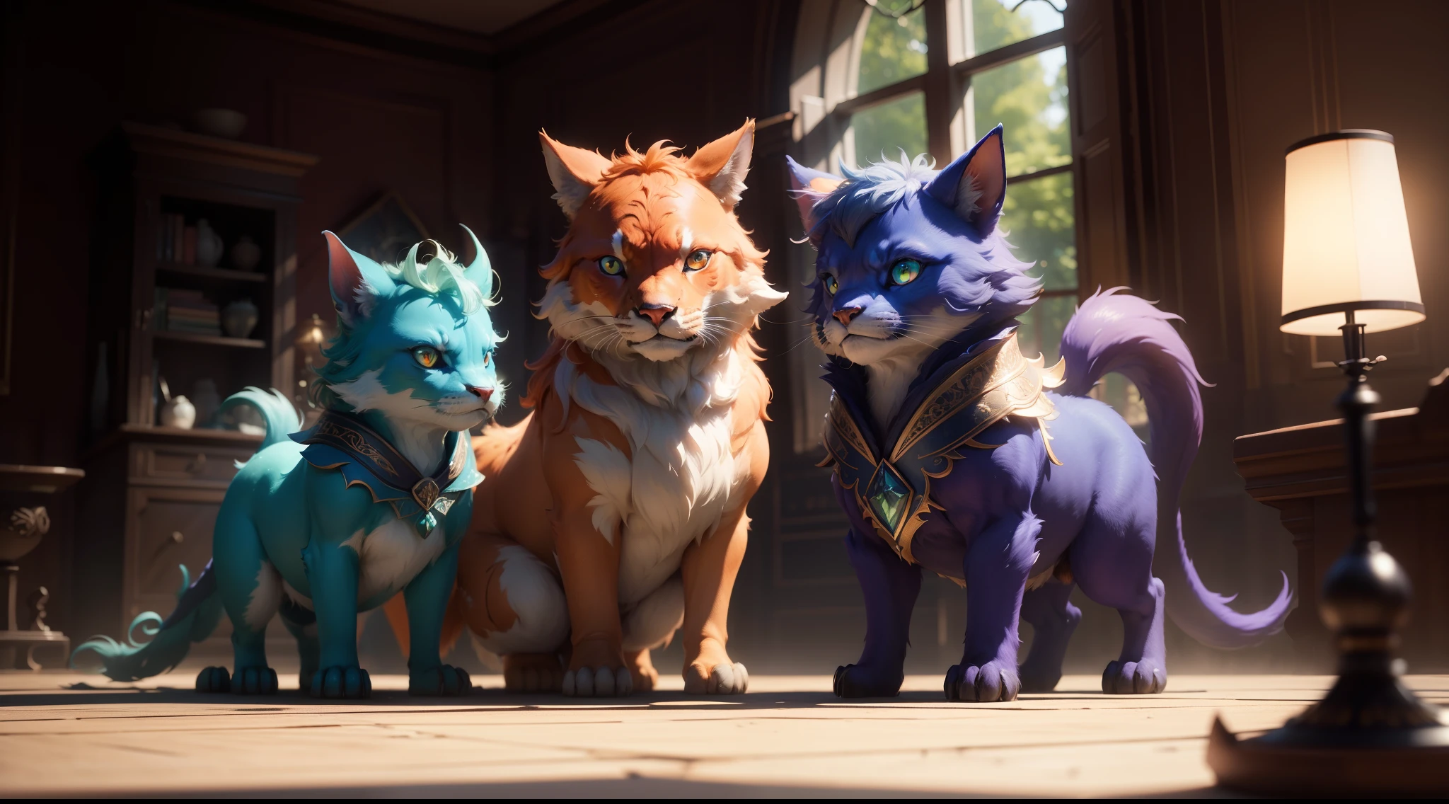 multiple baby mythical beasts of four different colours:1.4, one purple beast, one blue beast, one red beast, one orange beast, one green beast, outside:1.3, wide-angle lens:1.1, , hi res, 4k, 8k, 16k, ultrahd, realisitic, photon mapping, radiosity, cinematic lighting, sharp focus, best quality, volumetric lighting, volumetric light, concept art, path tracing. warm colors, (RAW photo., best quality), (realistic, Realistic: 1.3), NVIDIA RTX Ray Tracing, octan render, high-resolution, beautiful, Awesome, finely and highly detailed, masterpiece, ultra-detailed, High, (best illustration), (best shadow), intricate, sharp focus, perfect composition, fantasy, intricate, elegant, volumetric mist, 8k UHD, DSLR, high quality, (grain of film: 1.4), Fujifilm XT3, art-station, smooth and sharp focus, detail