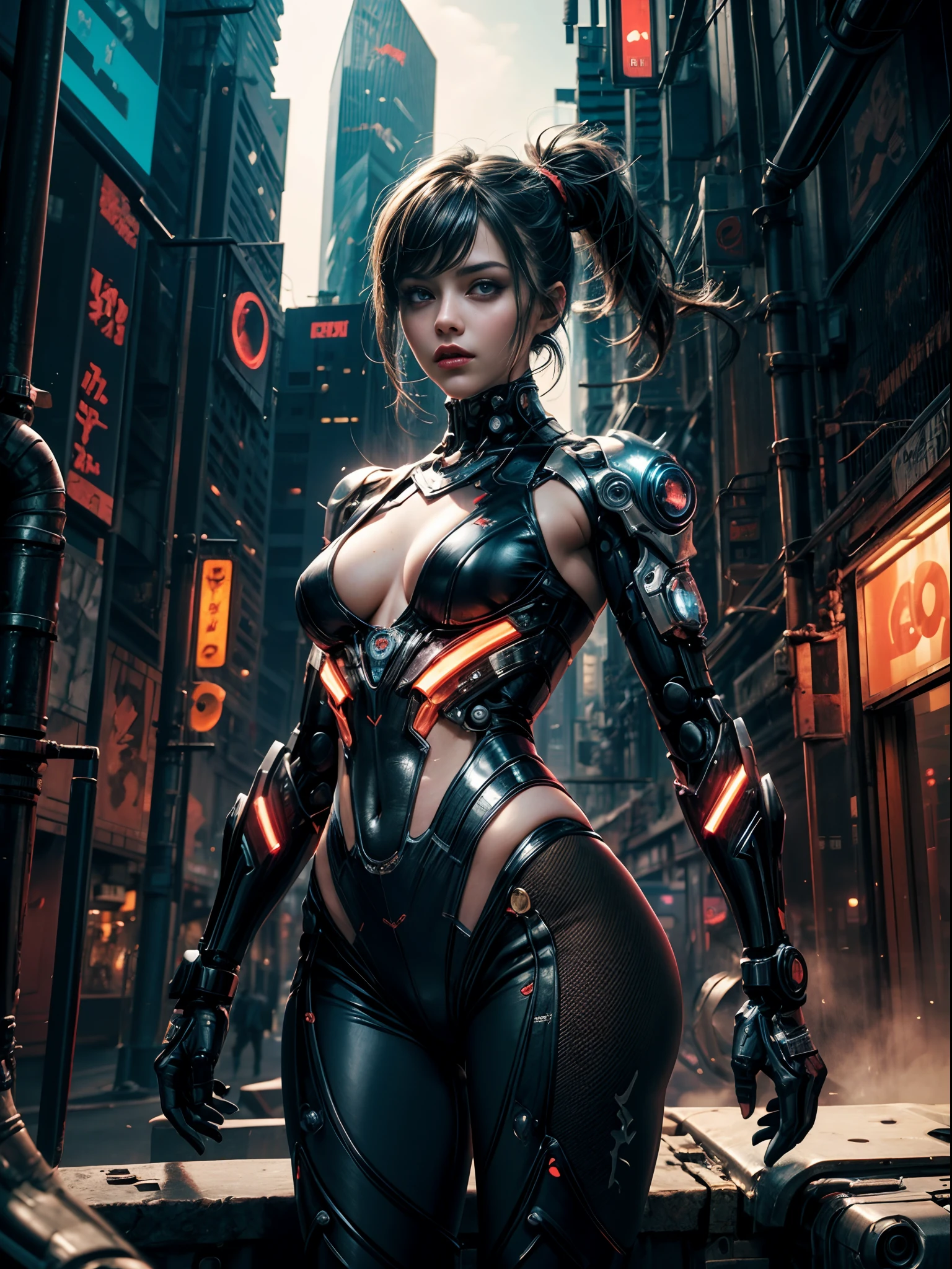 1 Cyberpunk girl, cowboy shot, NSFW, futuristic, mechanical aesthetics, complex machinery, high-tech futuristic city in the background, virtual engine 5, cinematic lighting.