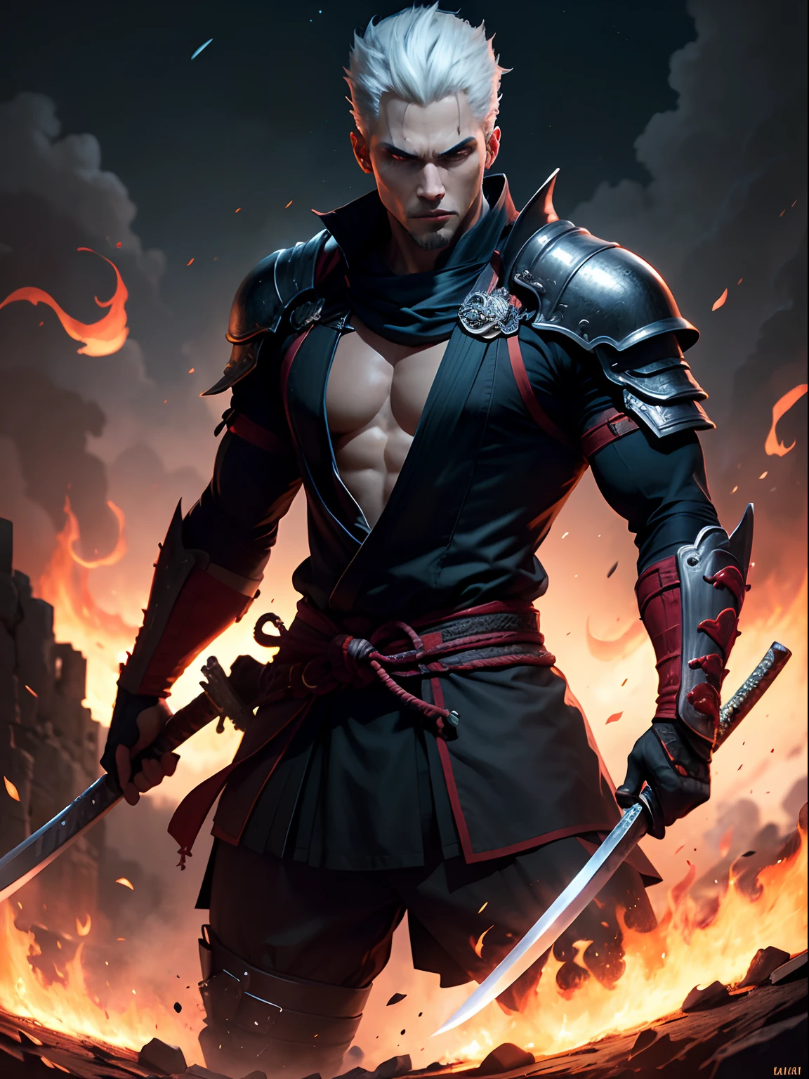 master part, Vergil como samurai das sombras, Estilo de pintura extremamente detalhado, The katana is on fire, the flame is black, the flame is very bright, personagem realista, heroic, epic pose, twilights, night sky