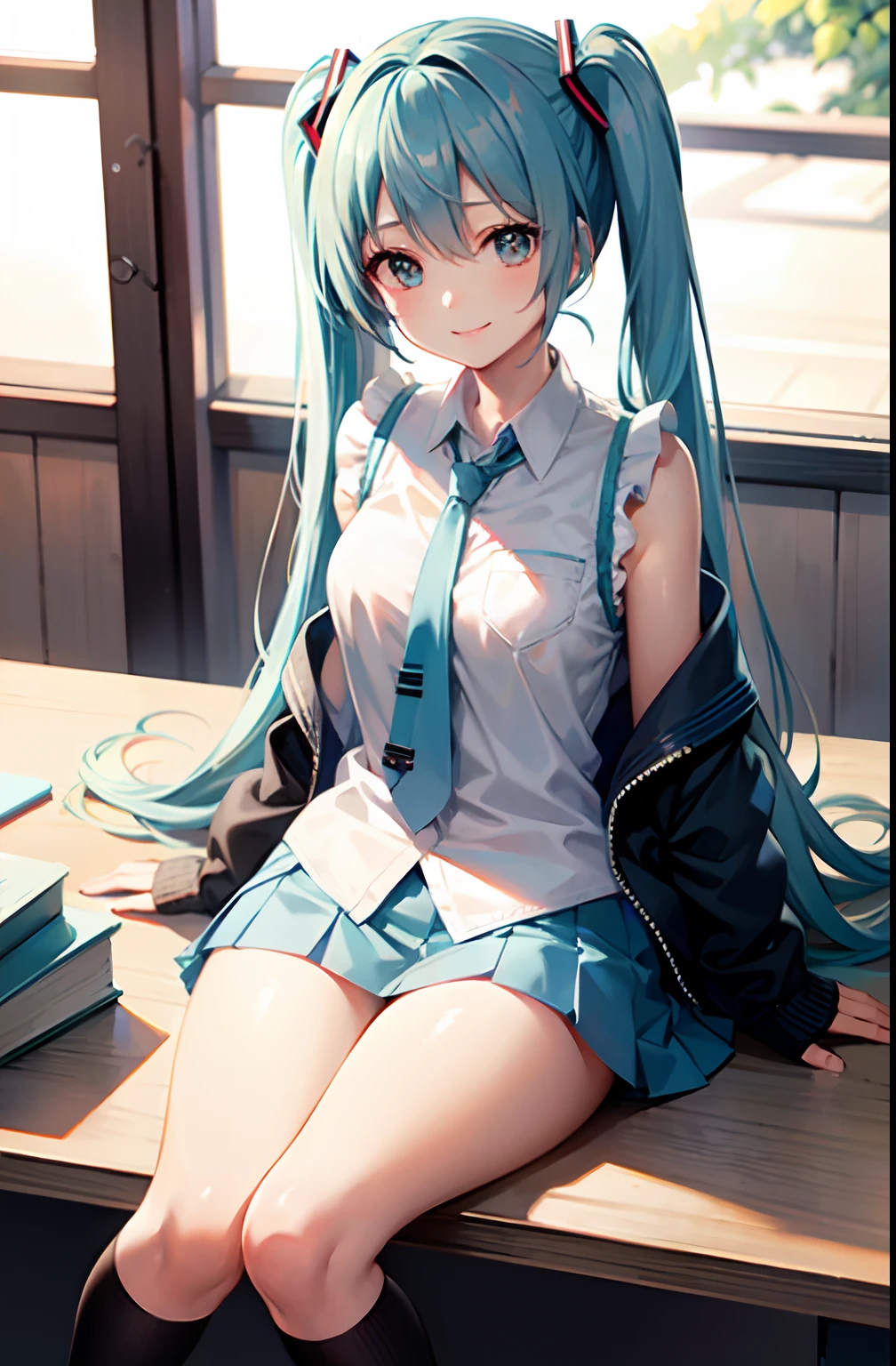 miku hatsune、blue hairs、Big、A smile、High school students、校服、lightly dressed、a miniskirt、white  panties、‎Classroom