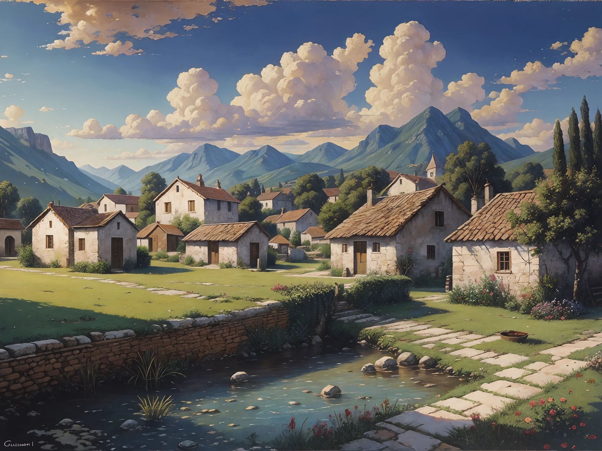 small village, 1890, detailed oil painting, por Guido Borelli