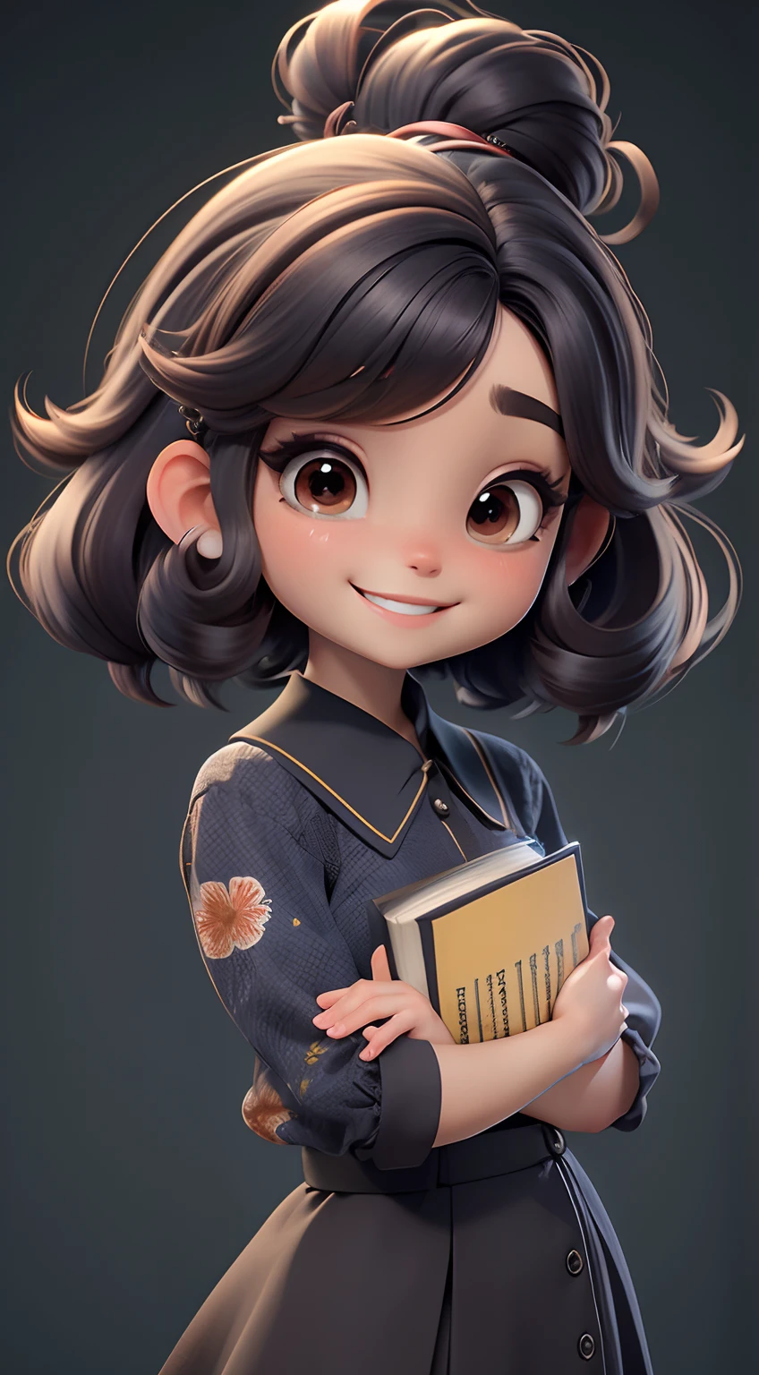 chibi de cabelo ondulado, cabelo longo, Hair up to waist, segurando um livro, professora, sorridente