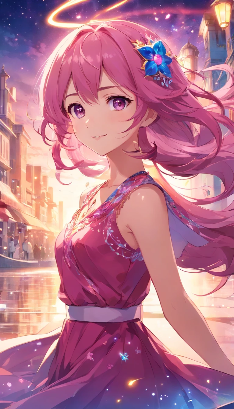 beautiful, happy princess, pink hair, wearing flowing dress in rich hues of deep pink and royal blue, adorned with intricate patterns that hinted at her connection to ancient magic, reflection of her enigmatic nature, smiling confidentially, wearing jewel necklace, magical bracelets, marvelous crown, purple pants brilliant texture work,