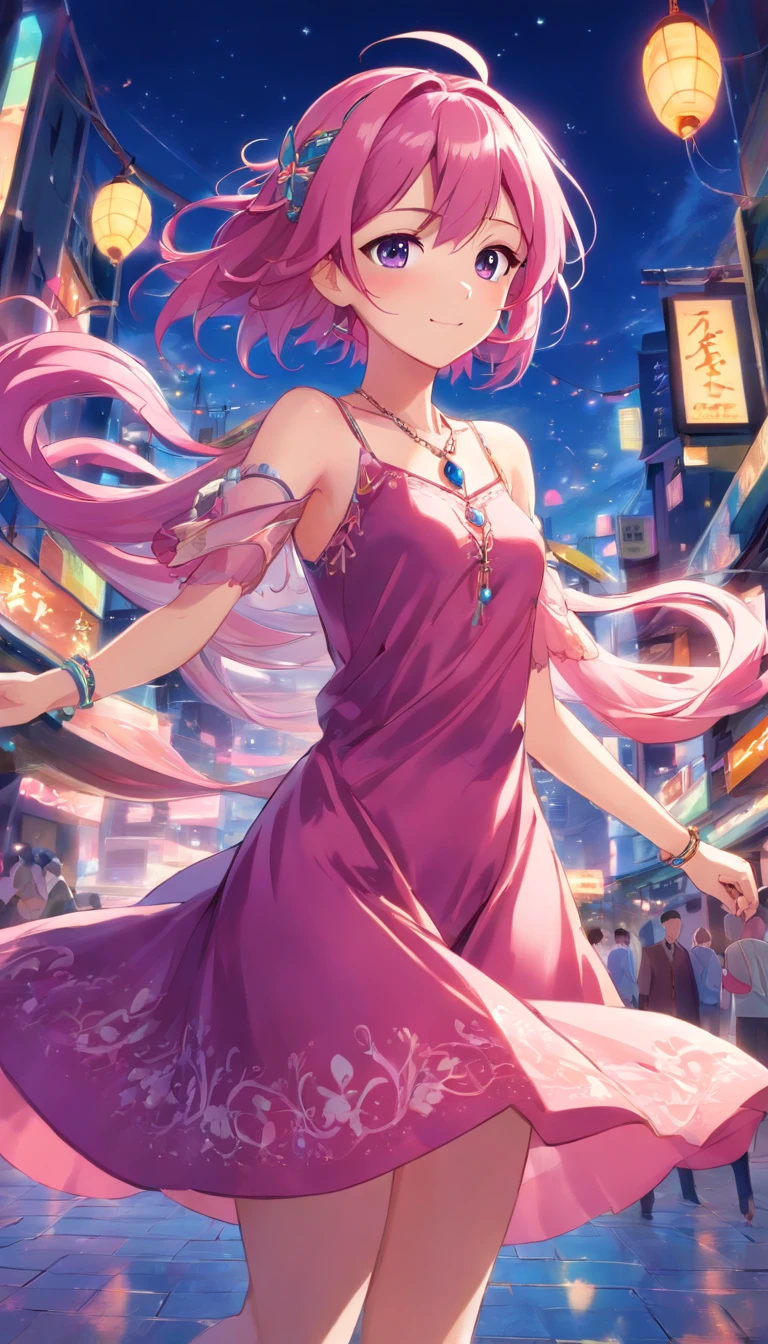 beautiful, happy princess, pink hair, wearing flowing dress in rich hues of deep pink and royal blue, adorned with intricate patterns that hinted at her connection to ancient magic, reflection of her enigmatic nature, smiling confidentially, wearing jewel necklace, magical bracelets, marvelous crown, purple pants brilliant texture work,