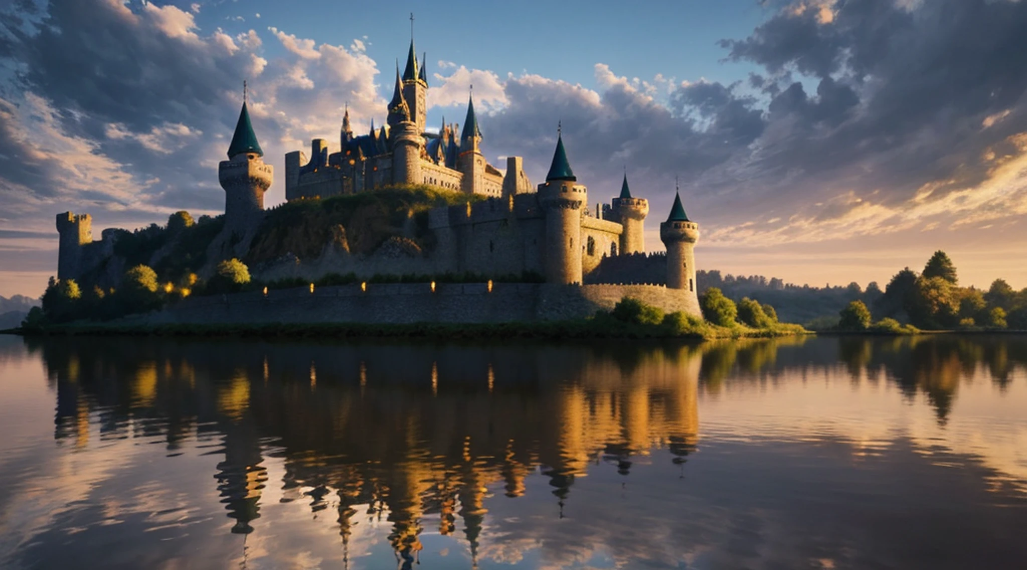 Arafed Castle with a clock tower sitting on a lake, Castelo bonito, beautiful render of a fairytale, Castelo da Fantasia, magic castle, epic castle with tall spires, Fantasy Style 8k Octane Rendering, pintura fosca de alta qualidade, Disney fotorrealista, pintura fosca altamente detalhada, castelo futurista, epic castle, 3D render e pintura fosca, (octan render) estilo fantasia