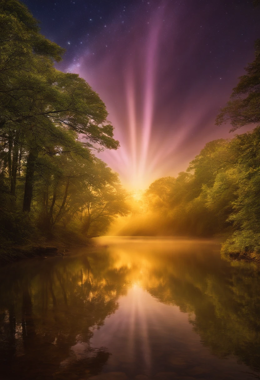 crie uma imagem de Deus com detalhes surreais, Mostrando um Ser Divino em um Ambiente Celestial, com cores vibrantes e luminosidade intensa. Add elements of golden divine light radiating through the scenery and effects of mystical particles in the air.