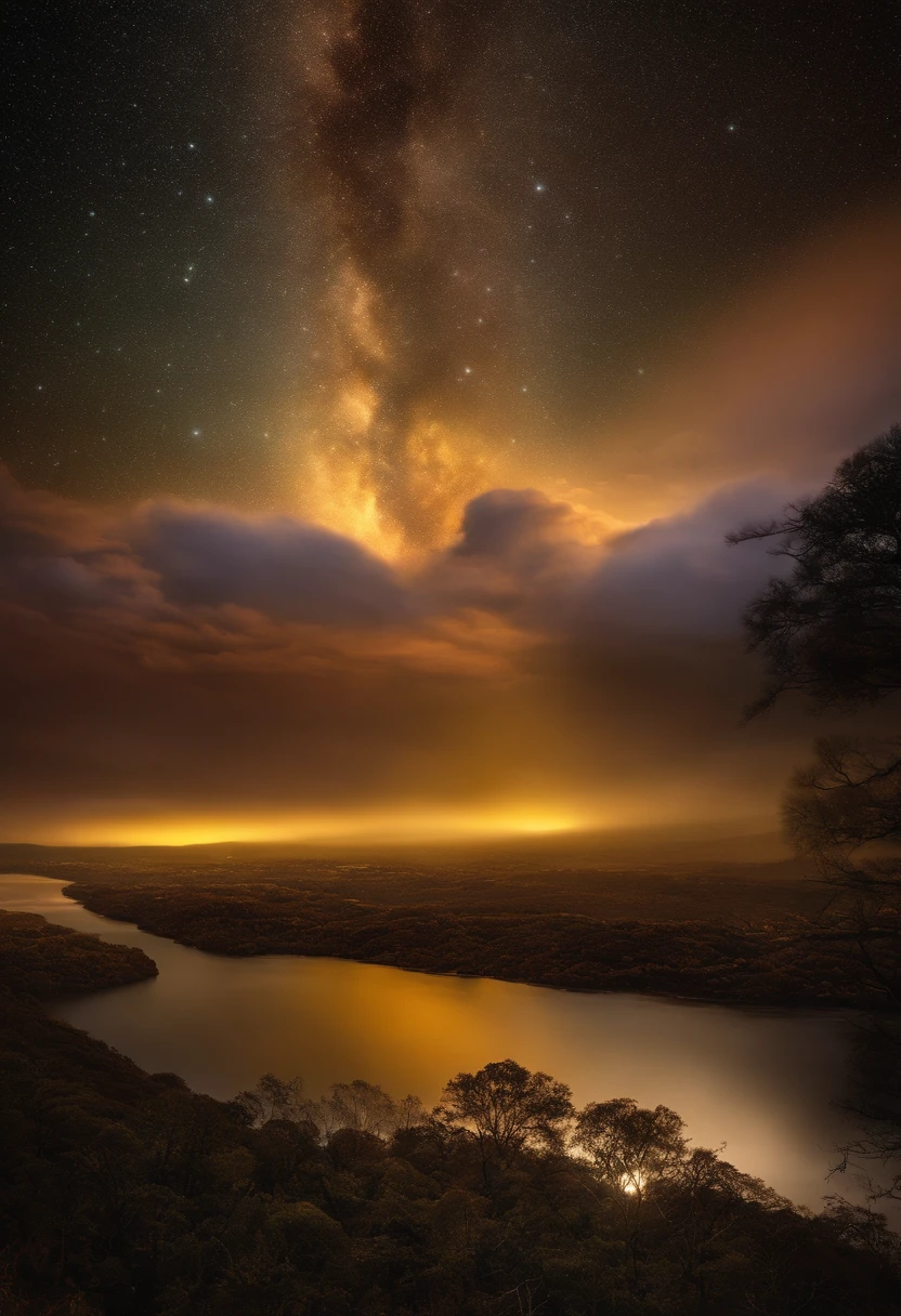 crie uma imagem de Deus com detalhes surreais, Mostrando um Ser Divino em um Ambiente Celestial, com cores vibrantes e luminosidade intensa. Add elements of golden divine light radiating through the scenery and effects of mystical particles in the air.