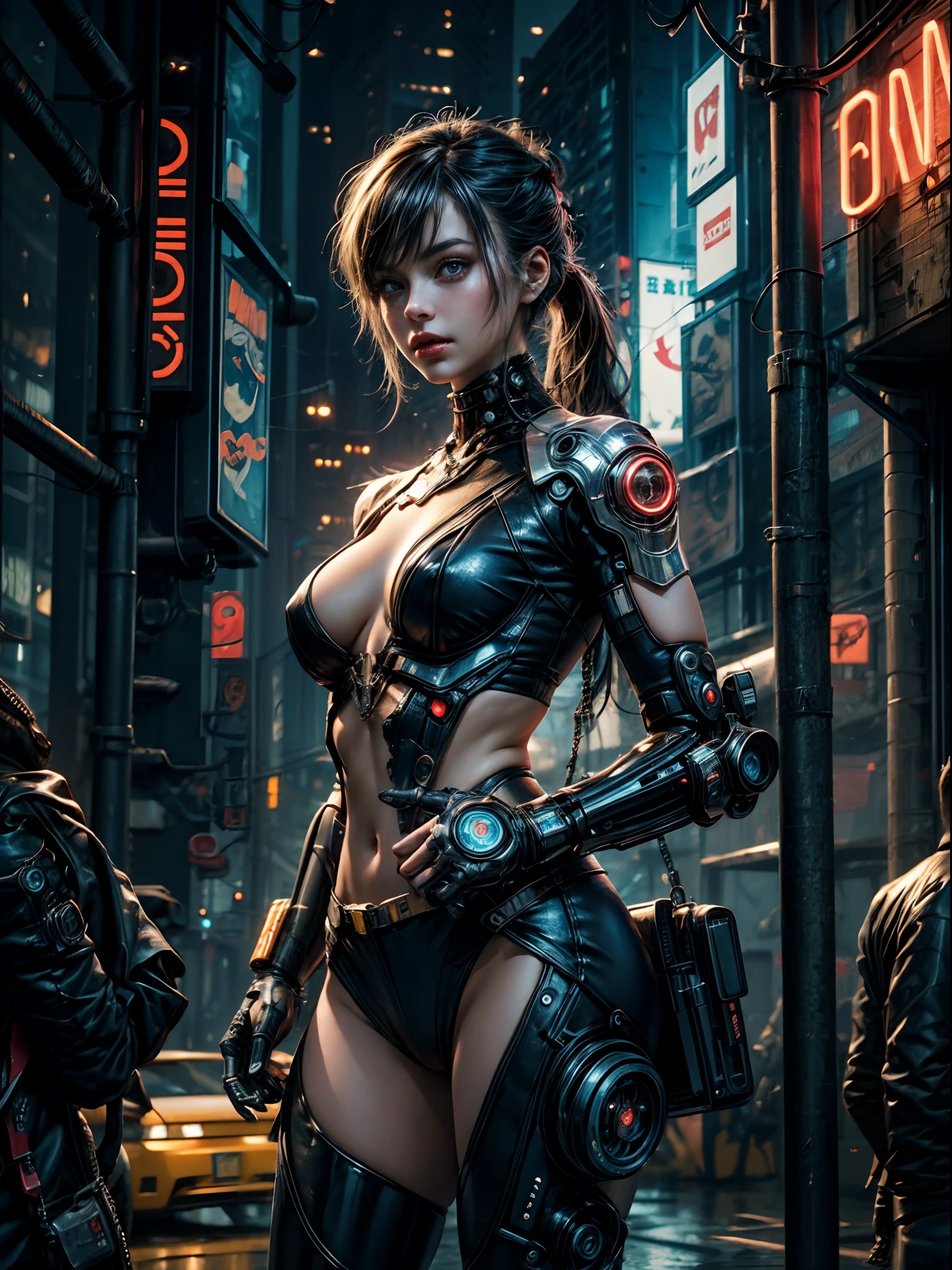1 Cyberpunk girl, cowboy shot, NSFW, futuristic, mechanical aesthetics, complex machinery, high-tech futuristic Cyberpunk city in the background, virtual engine 5, cinematic lighting.