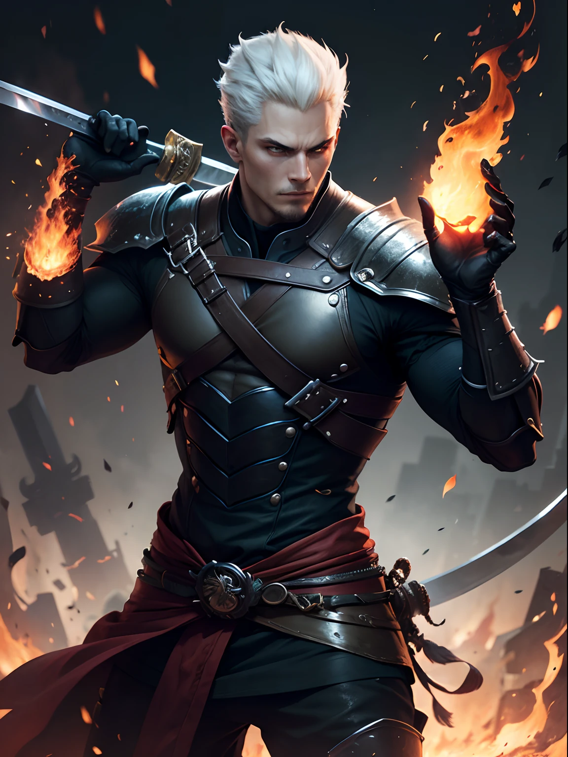master part, Vergil como samurai das sombras, cabelo preto com mecha branca, Estilo de pintura extremamente detalhado, The katana is on fire, the flame is black, the flame is very bright, personagem realista, heroic, epic pose, Twilight, night  sky