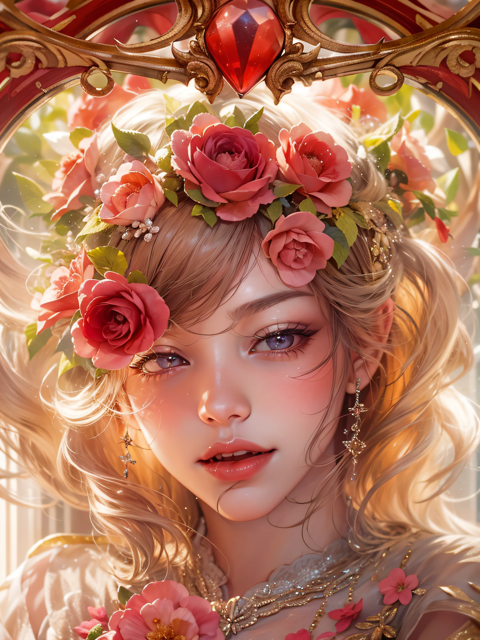 The Beautiful Princess of Scarlet Roses, Arnouveau style, fondness, sunlight rays, airiness, grace, Floral ornament, chiffon, Silk, Correct eye proportions, expressive eyes, long eyelashes, plump wet lips, Texture skins for the face, A lot of air, higly detailed, Doubleexposure, 30 thousand.........., hyper realisitc, Hi-Def, soft-lighting