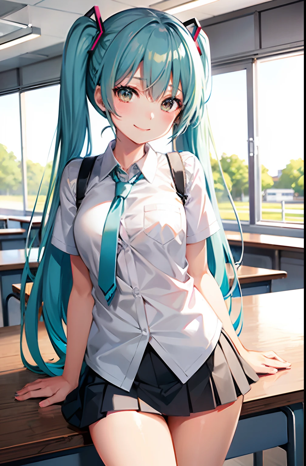 miku hatsune、blue hairs、Big、A smile、High school students、校服、lightly dressed、a miniskirt、white panties、Classroom