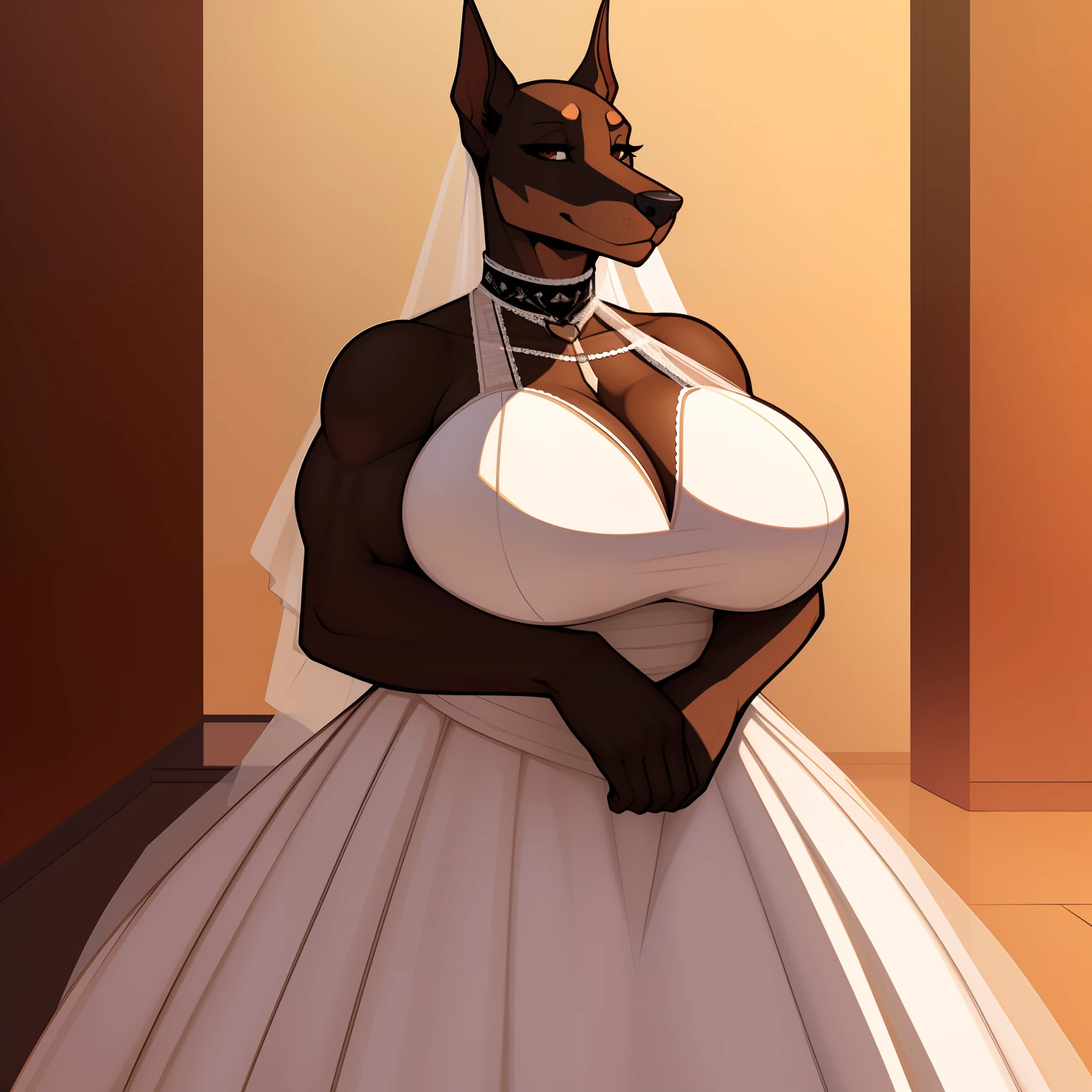 Very_muscular_mature_doberman female dark_brown_two-tone_furry_body brown_eyes wedding_dress solo Masterpiece best_quality absurdres highly_detailed cleanly_drawn_eyes anthro_only large_breasts by_claweddrip, by_greasymojo, by_underscore-b, by_runawaystride