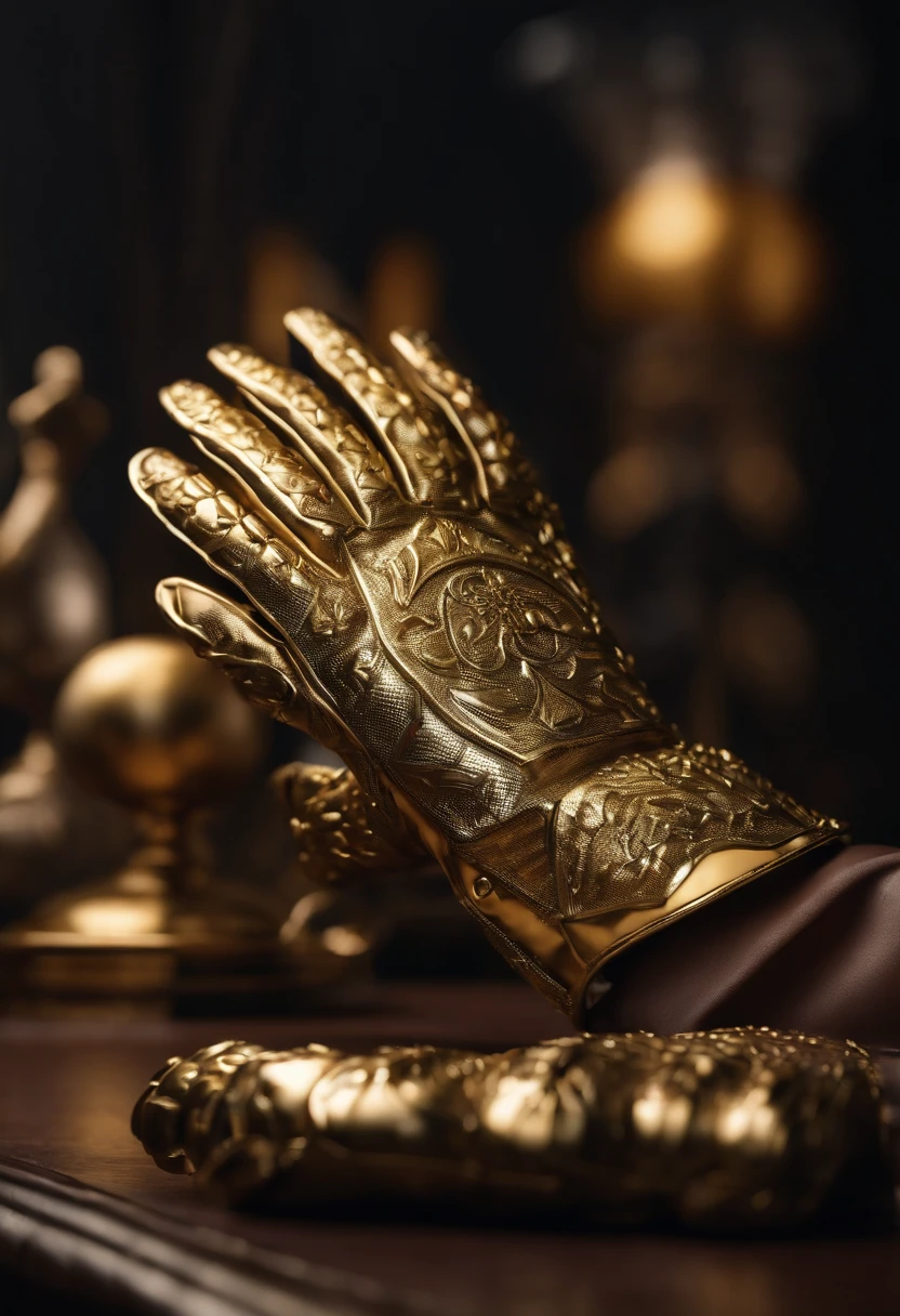 gold armor gloves on a table, (best quality,realistic) 4k, extremely detailed gloves, shiny metal texture, (studio lighting:vivid colors), (photorealistic:1.37), (concept art:0.9), (sharp focus:1.1), (physically-based rendering:1.1), (bokeh:0.9), (horror:0.9)