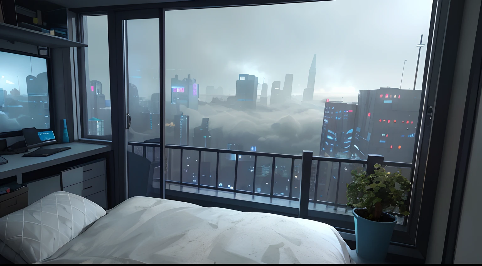 Gorgeous sci-fi matte painting for John Harris bedroom, Sparta and Greg Rutkowski. Sharp edges, Camera Straight, tiffany blue, Small bedroom, Teenage room, small chamber, a computer, dark gray, gray-blue.. SF Bedroom , Outside the window of a cyberpunk cityscape, Cyberpunk Room, Sundown, Rain outside the window, Fog effect outside the window, gloom. Ultra-clear details, 。.3D, октановый рендеринг 8K