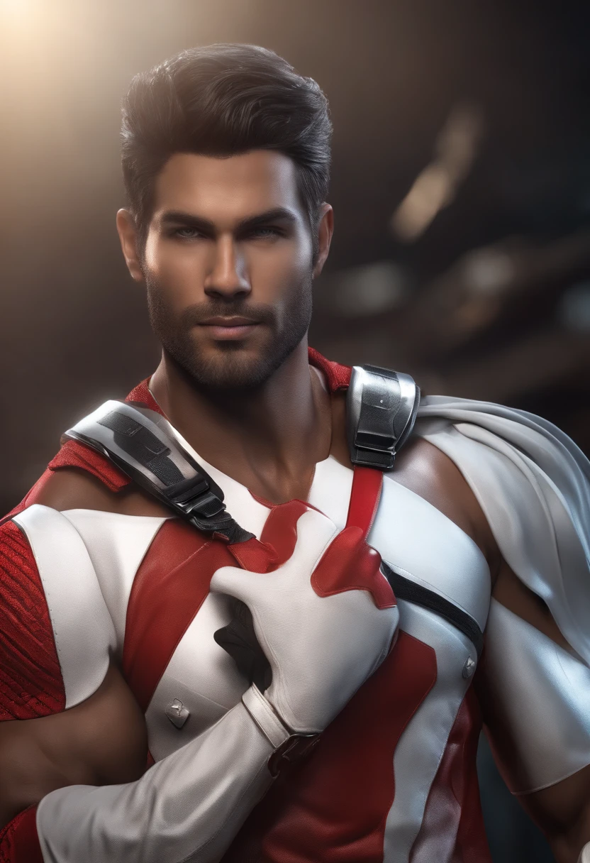 Male character named RevUPLife who has the appearance, politica, Finance, desenvolvimento pessoal, beleza, esthetic, Style and bodybuilding. should have a modern and dynamic look, with a combination of red, Cores Preto e Branco. The logo should include the channel name and a symbol that represents your themes, como uma seta ascendente, uma estrela ou uma silhueta humana
