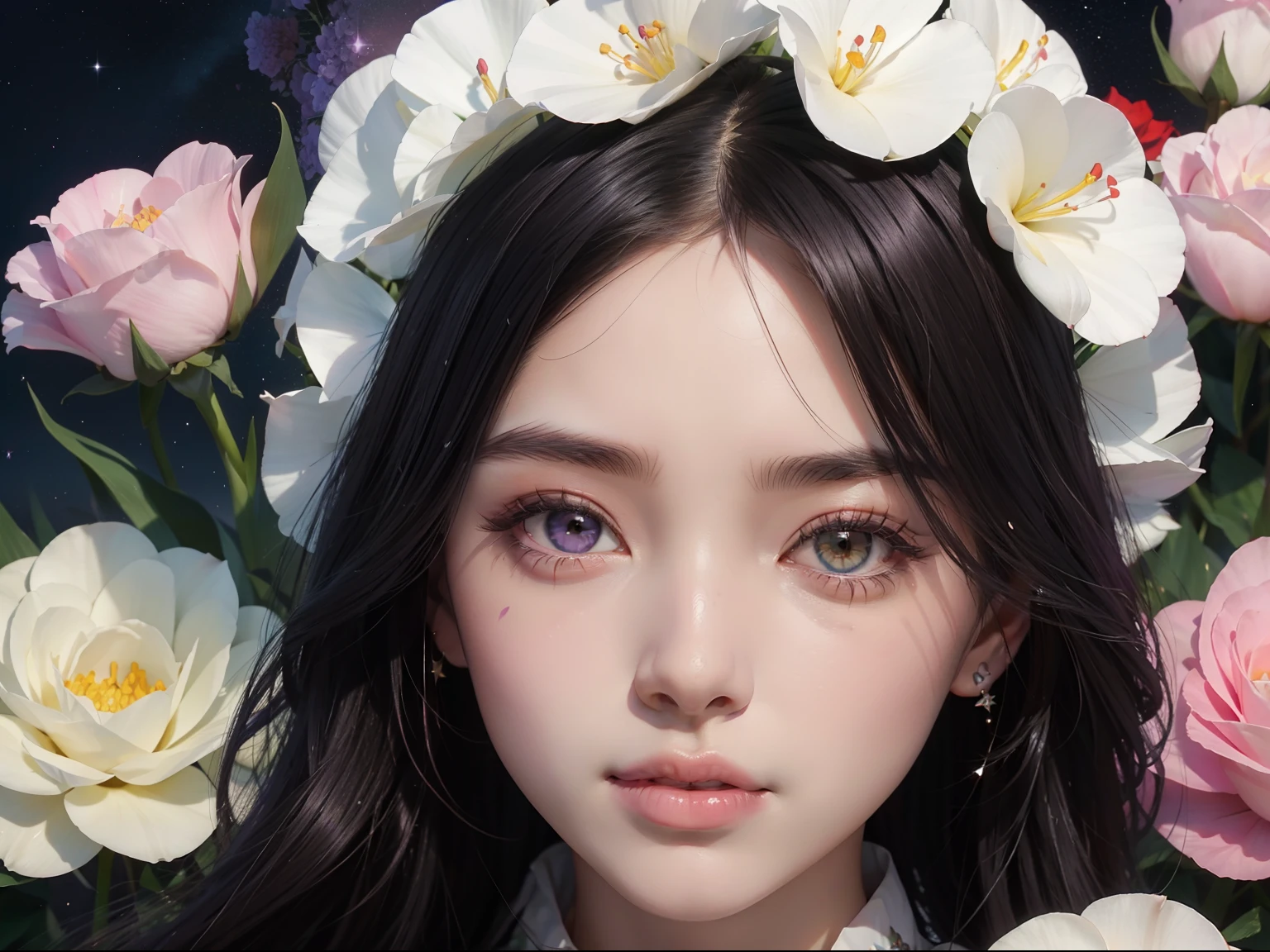 The face of an oriental woman,HD close-up of face,dark bright eyes,One eye is covered by flowers,Jet black smooth hair,Surrounded by flowers on all sides,Red roses,White tulips,Purple hydrangeas,Pink tulips,Light green carnations,Black gold-rimmed rose,White sky full of white stars,Purple starry sky,Pink starry sky,Green leaves,softlighting,Beautiful