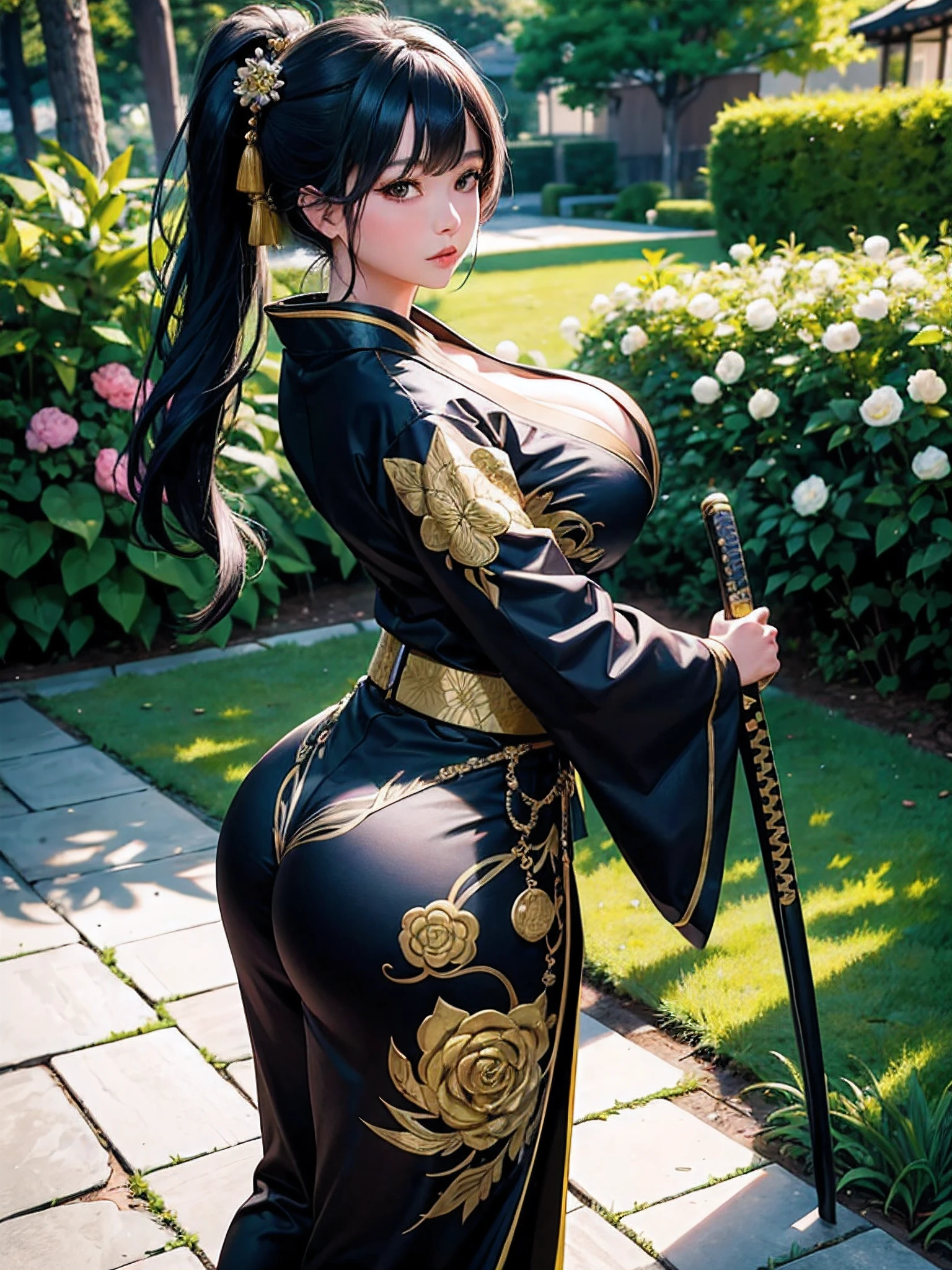 1 Asian girl, wearing a black and gold kimono, holding a katana, big breasts, big butt, in a garden,high res, ultrasharp, 8k, masterpiece, looking at viewer from the side