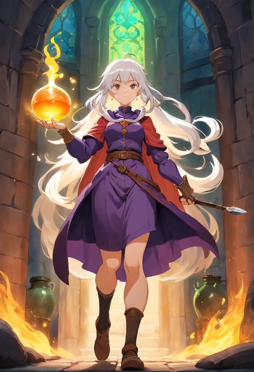 By make a woman with tall white hair and with muscular, fleshy arms and legs wearing understated medieval adventurer clothes holding a potion