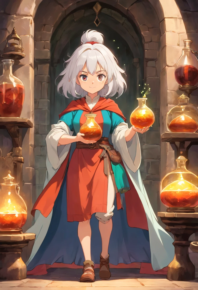 By make a woman with tall white hair and with muscular, fleshy arms and legs wearing understated medieval adventurer clothes holding a potion