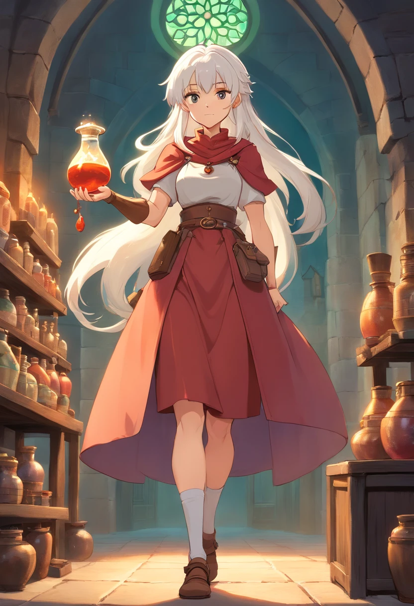 By make a woman with tall white hair and with muscular, fleshy arms and legs wearing understated medieval adventurer clothes holding a potion