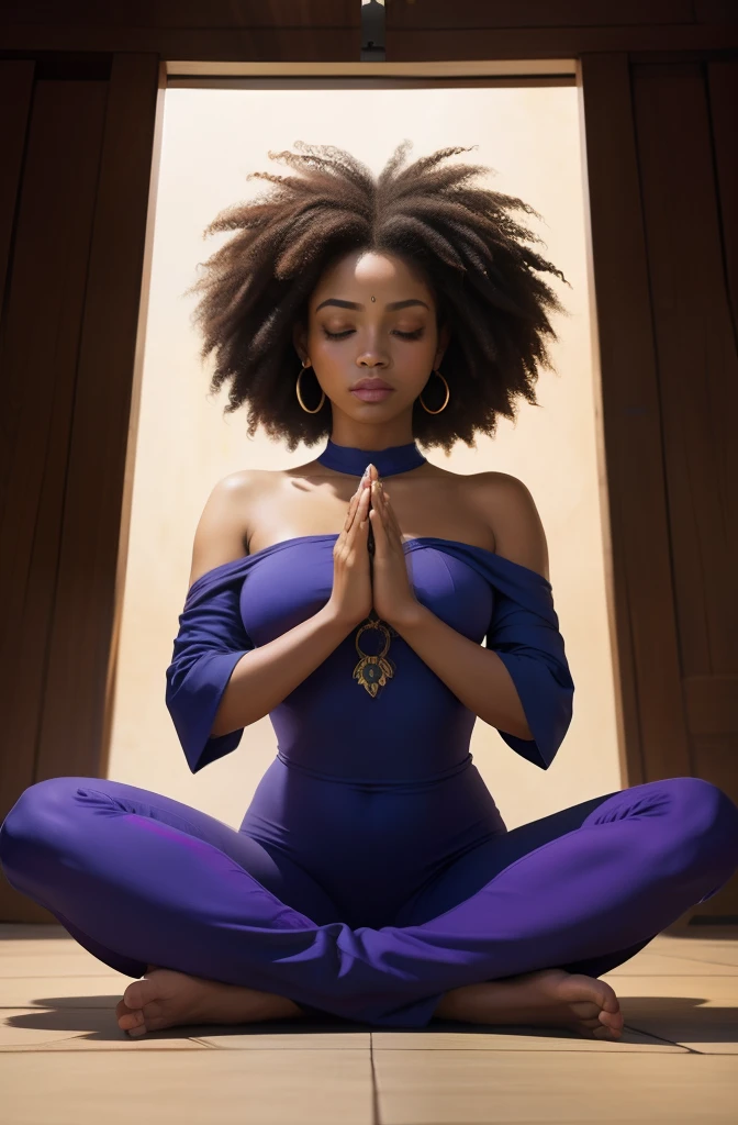 a woman sitting in a lotus position with her hands clasped, pintura de personagem bonita, bela arte digital, painting digital adorable, no centro da cidade, mulher afro, beautiful depiction, Pray in meditation, pintura realista da mulher bonito, Digital painting nice, belas fotos avatar, looking-into-camera. belo rosto, assymetrical. olhando para frente