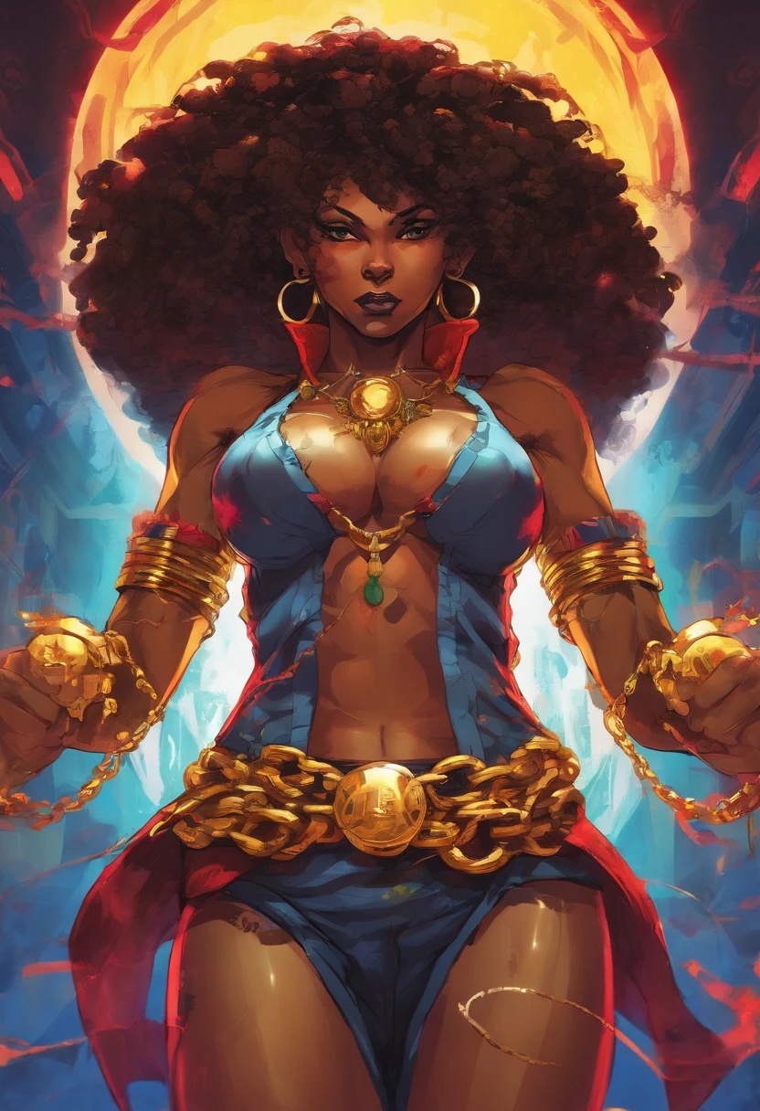 Ghotic woman afro cut with big bare breasts and piercing on the nipples of gold chains
