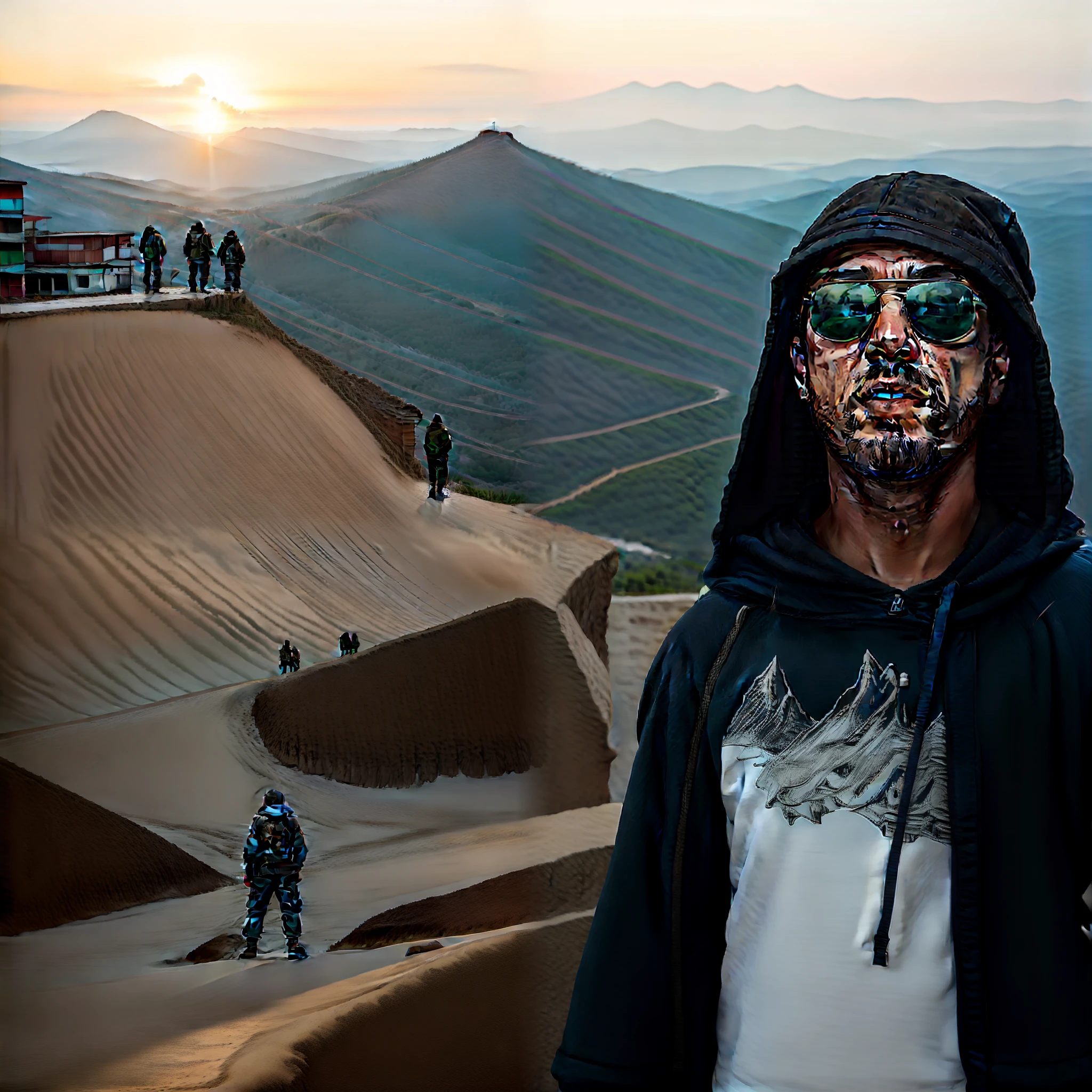Man with hood and sunglasses in front of a mountain, Nick Silva, by João Artur da Silva, Usando tatuagens shipibo, Location ( favela _ PAREDE ), Location ( favela ), Directed by: Ramon Silva, demobaza, por Altichiero, inspirado em Nathan Oliveira, vestindo demobaza fashion, andrea rocha