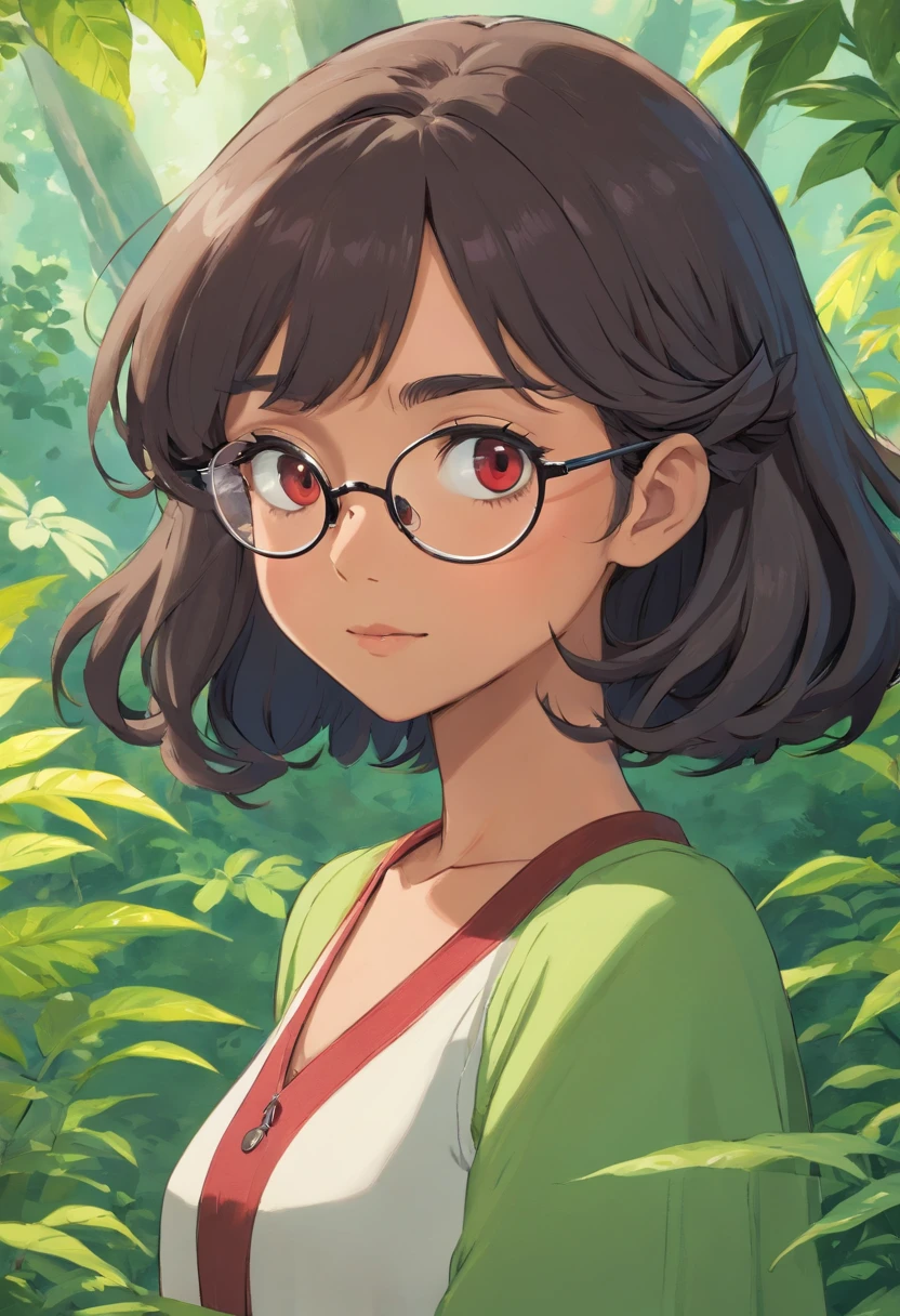 Please make a half-elf, half-druid woman of brown skin color more pulled to black with curly black hair with straight, com altura de 1,77 metros, heterochromatic eyes with the color green and dark blue, nariz um pouco pontudo, half-fleshy lips, meio musculosa, wearing discreet clothing and a pair of glasses with the gray frame and the color of the red lens