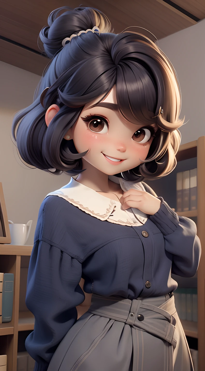 chibi de cabelo ondulado, cabelo longo, Hair up to waist, segurando um livro, professora, sorridente