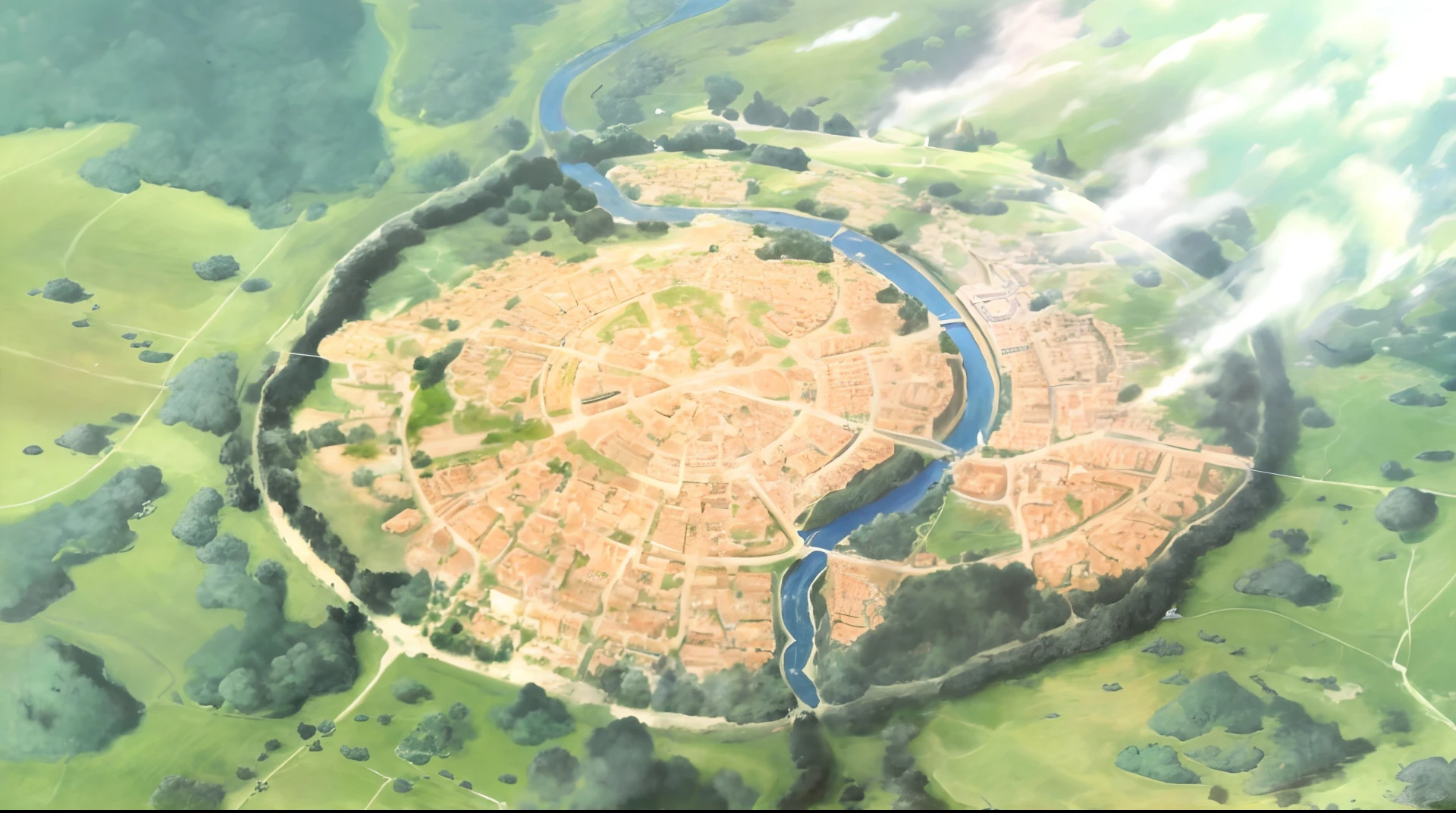 Aerial view of a city of houses made of stone with a river and a forest, cidade antiga, cidade antiga de pedra branca, cidade no fundo, paisagem da cidade antiga, cidade inteira em vista, cidade grande e estruturada, cidade mesopotamica, city on the plain,