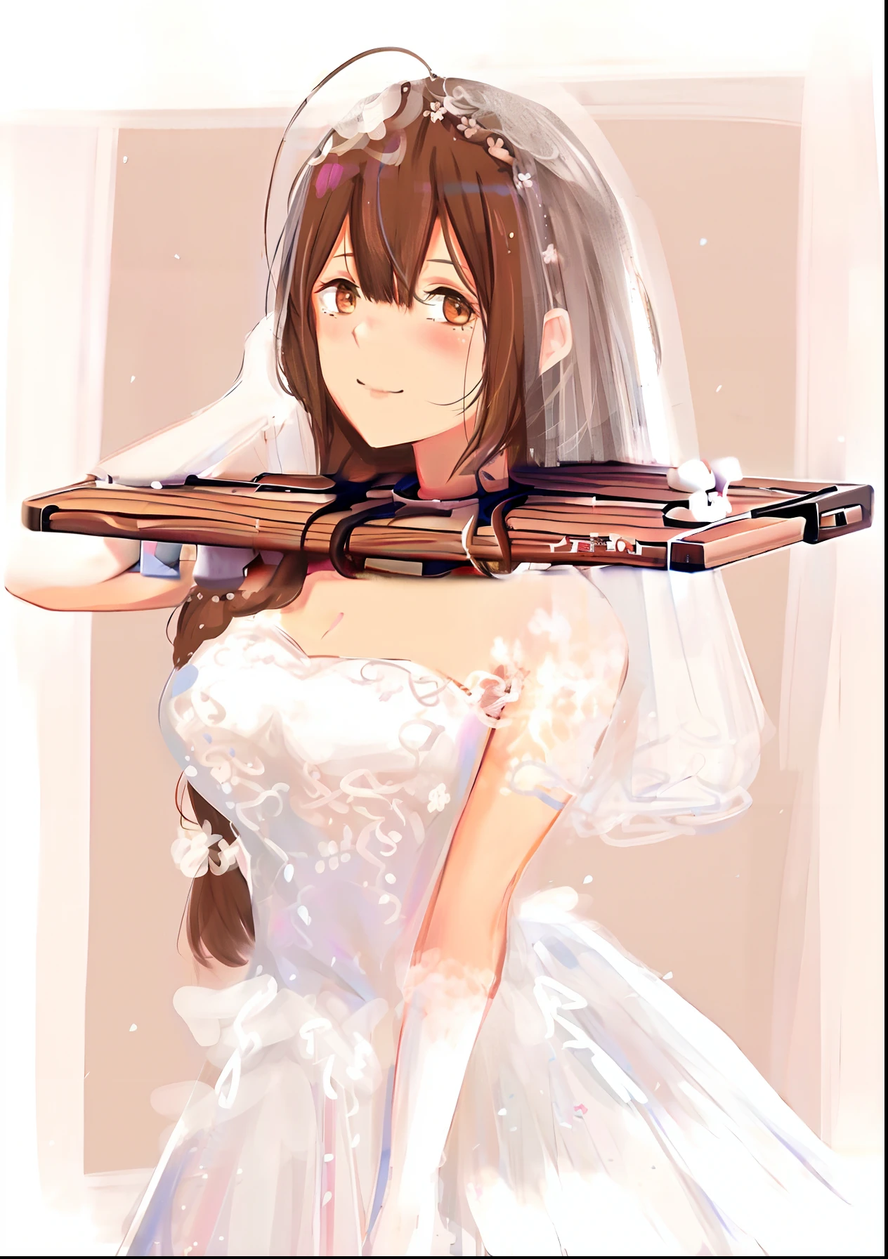 Beautiful bride,Guvitz,pillory,Head flail,Hand flail,Flail,(Bridal veil:1.5),(Clear short veil:1.5),Blush,Head flower,headdress,,(Bandeau wedding dress:1.5),(Silk dress:1.2),(Strapless wedding dress:1.5),Plain white dress,