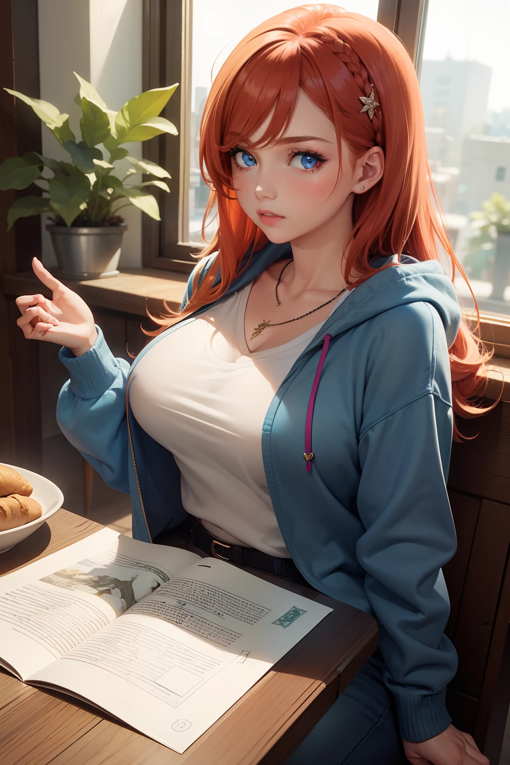 (masterpiece best quality), solo, 1girl, thick lips, blue eyes, ginger hair, tan, money tuck, bedroom, window, scoop neck, half up half down hair, hair ornament, large breasts, jewelry, plant, detailed illustration, restaurant, sitting at table, hoodie, cleavage