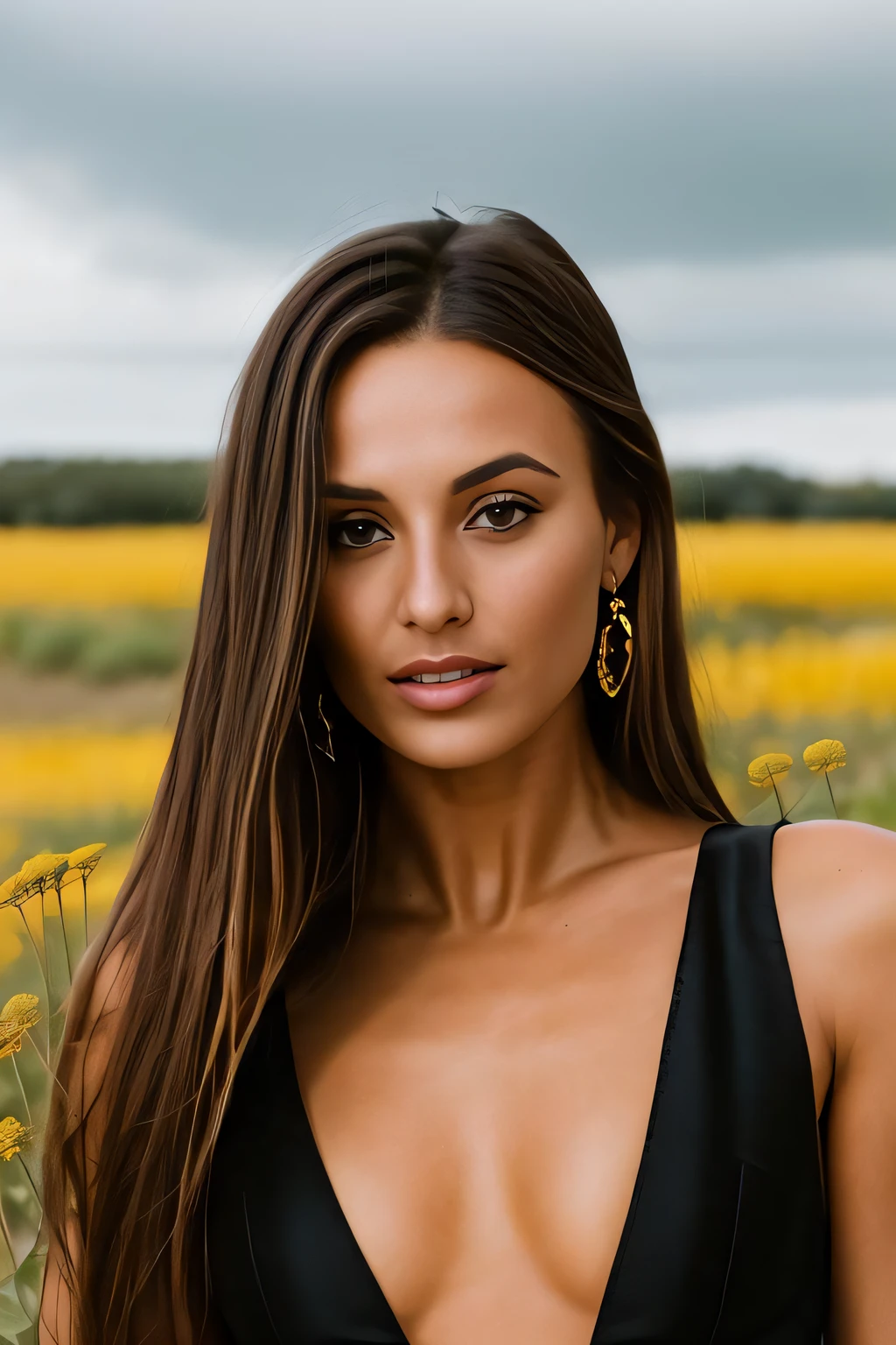 a SFW Portrait of Dominika C woman, Beautiful, ((wearing a black and gold dress designed by Versace)), alluring, perfect eyes, perfect face details, (highly detailed skin:1.1), Perfect Slim body, PHOTOREALISTIC, Realistic, soft Lighting, sexy pose, Fashion photography, sunny, ((standing in a prairie field with wild flowers background)), blurred background, godrays, volumetric fog, RAW, analog style, sharp focus, 8k UHD, DSLR, high quality, Fujifilm XT3, grain, award winning, masterpiece,