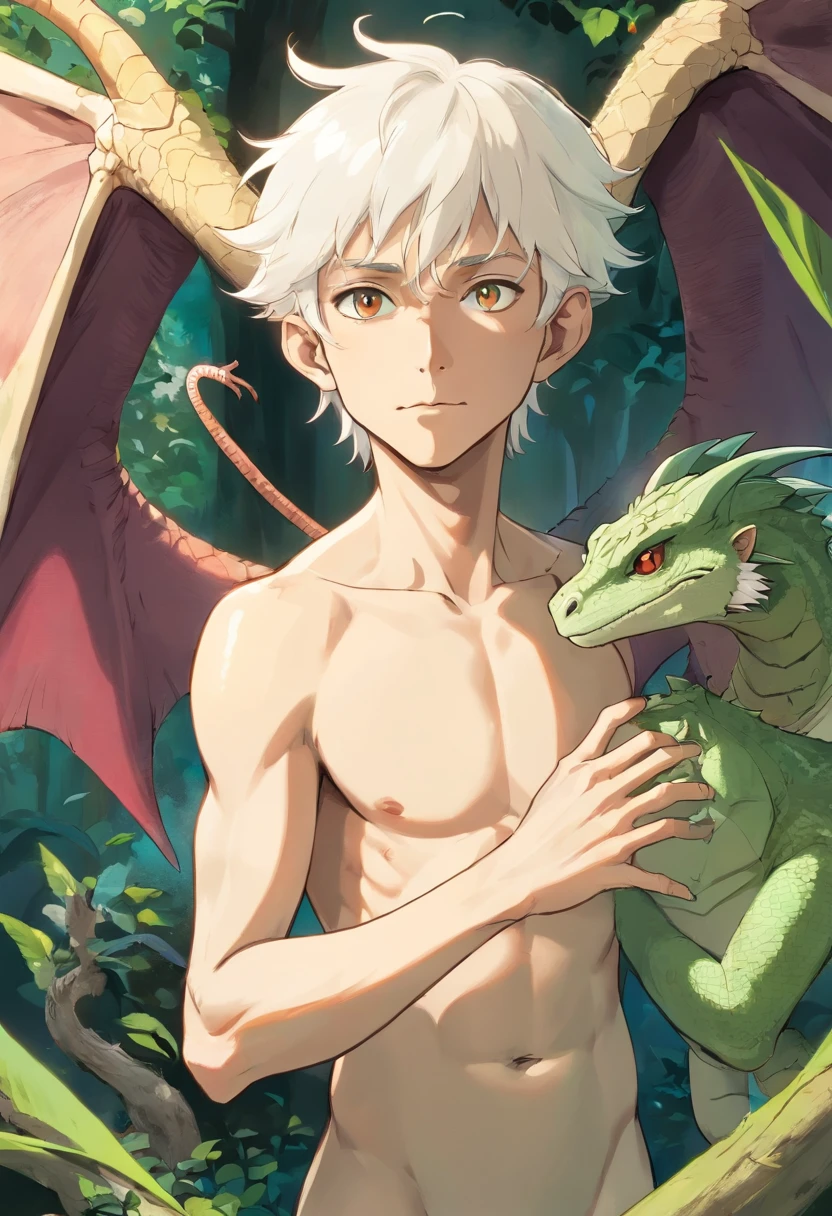 Please make a half albino lizard man and half black elf of 3,45 metros de altura, with lizard man's body and dark elf's face and hands, with dragon wings