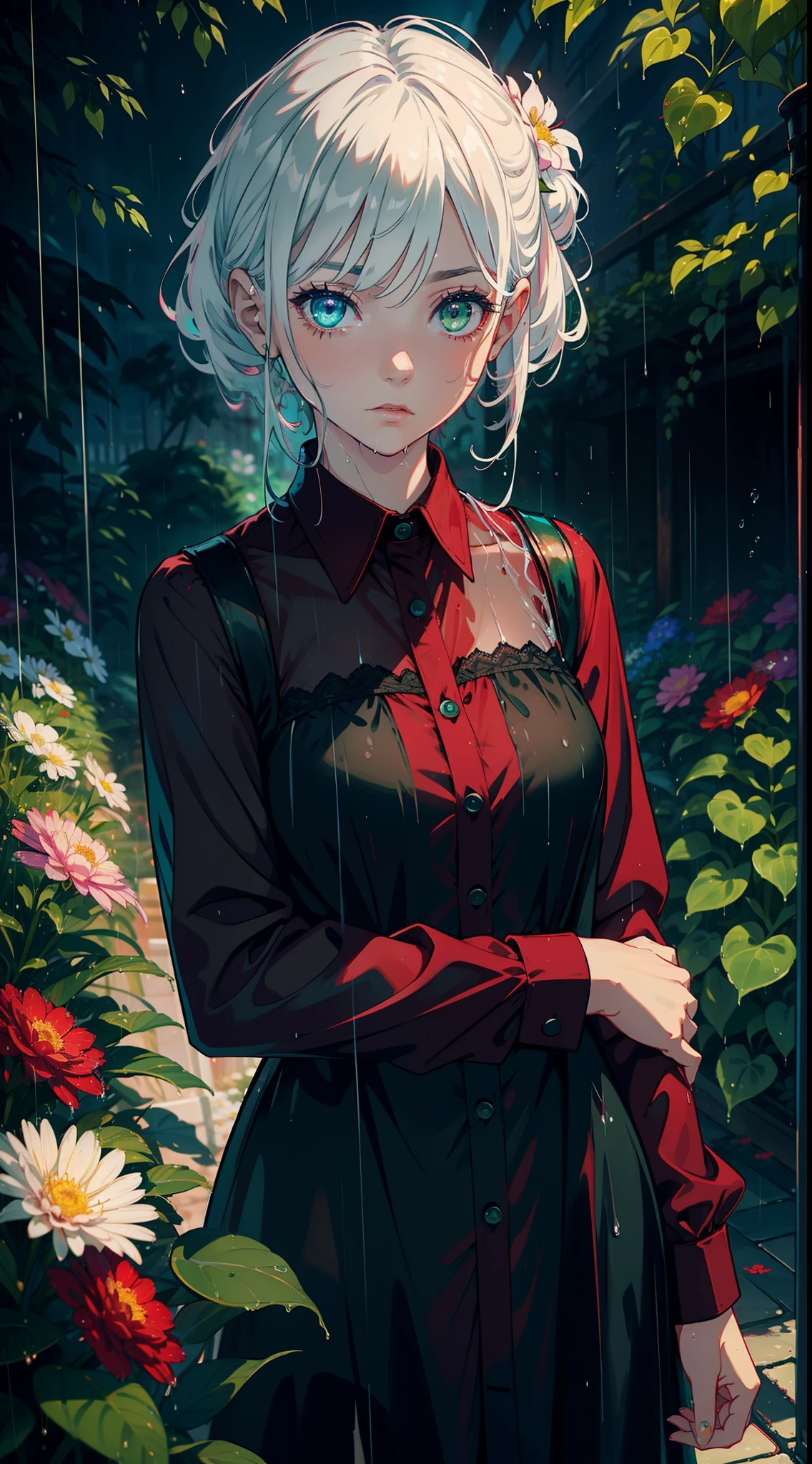 1girl, solo, dim lighting,medium breasts, blood stain, ( glowing red ringed eyes), standing on violet flower fields, 8k wallpaper, upper body, black shirts, silver short hair, messy hair strands, rendering, ultimate anime stylized art, photorealistic, photo, glasses, blood on face, <lora:epi_noiseoffset2:0.80>, night, 3d, from side from above, evil smile, crazy face