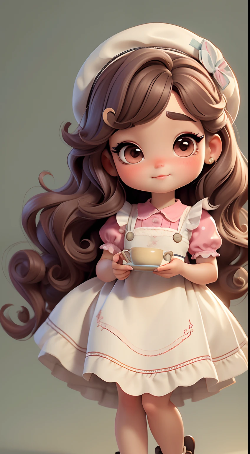 Create a series of chibi style dolls with a cute vintage chic theme, each with lots of detail and in an 8K resolution. All dolls should follow the same solid background pattern and be complete in the image, mostrando o (corpo inteiro, incluindo as pernas: 1.5)
Boneca Aprendiz de Bruxa: Chame-a de Mia. She must have medium wavy brown hair. Seus olhos devem ser grandes e curiosos, with long eyelashes and slightly pinkish cheeks. Mia should be dressed in a delicate dress and a polka-dot blouse and a delicate and beautiful hat. She should hold delicate and thin accessories. Add details like pockets and ruffles to the apron to make it even more charming, sapato bonito
Certifique-se de adicionar sombras, texturas e detalhes nos cabelos, roupas, Beautiful utensils, to make them even more adorable and charming.