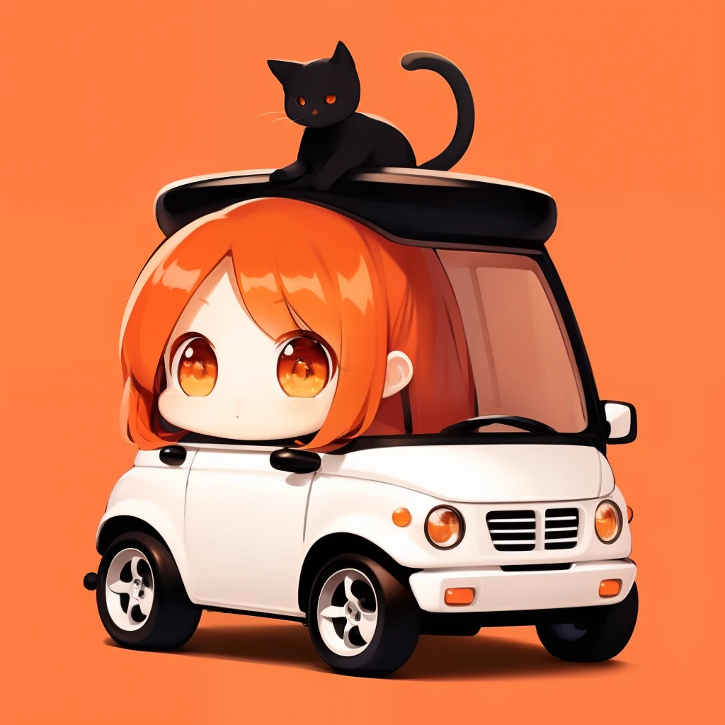 masterpiece、detaileds、3Riding a wheeled car、Soft lighting、Long redhead goth cat girl、Orange-eyed chibi、white backgrounid、simple background