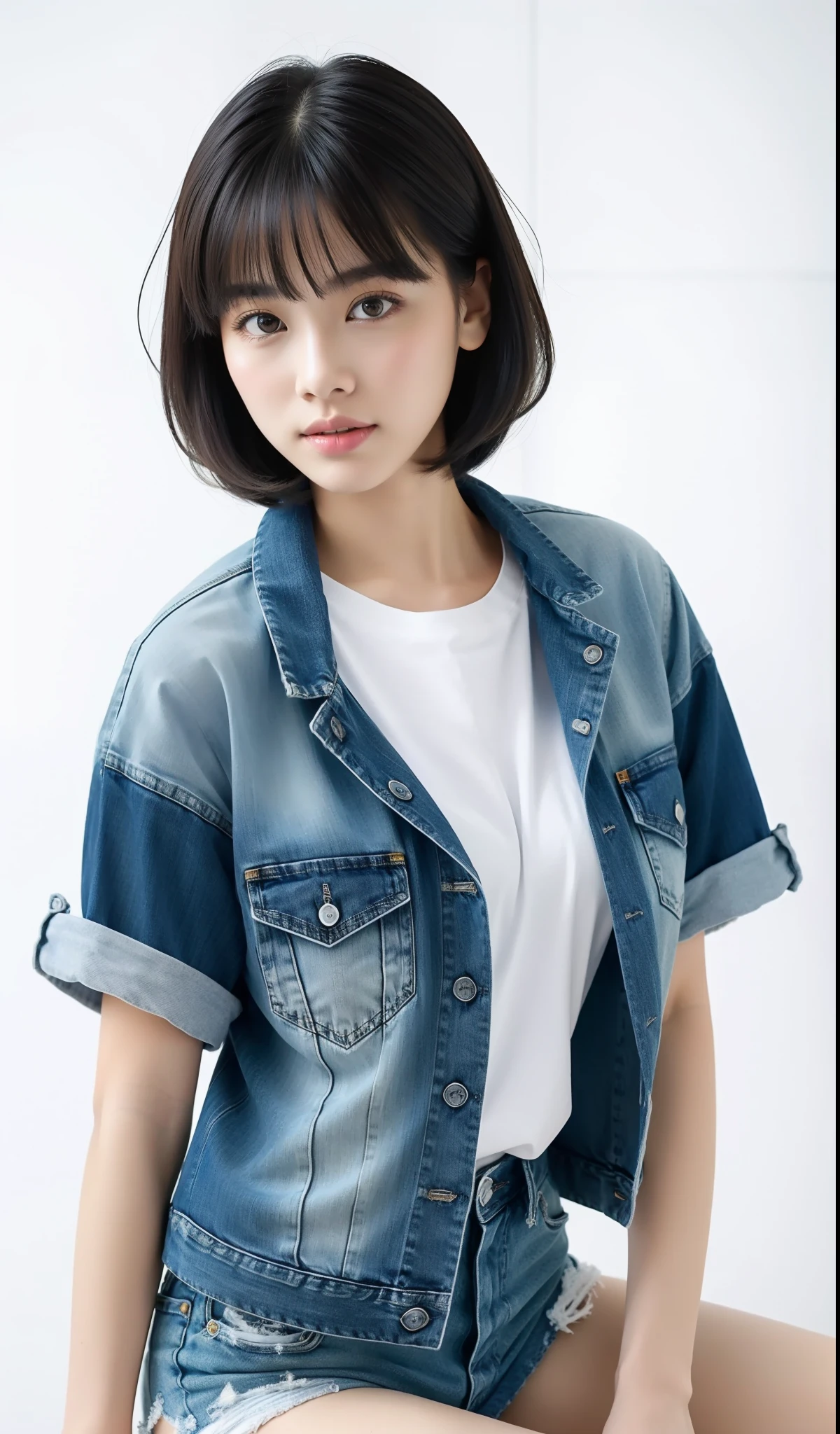 BDSM, NSFW, 1 rapariga, 夏天, bookshops, Sitting on Stool, White T-shirt, Denim ripped shorts, denim jackets, serious faces, short brown haired, Clear Focus: 1.2, Highly detailed facial and skin texture, top-quality, 8k、small tits、very small breasts、Model body type、Blonde gradient hair、