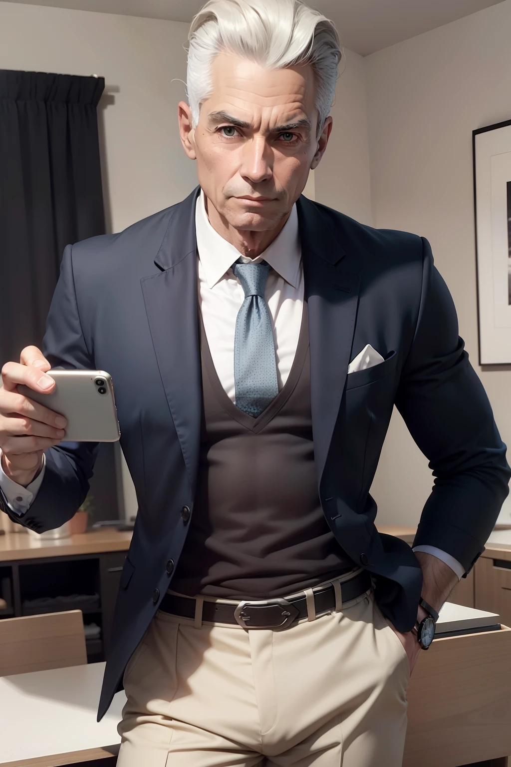 Joseph Pilates dressed according to the hero archetype, but with a modern executive air, of success;. Empreendedor, com seu iphone, very well groomed appearance. Ultra realistic image.