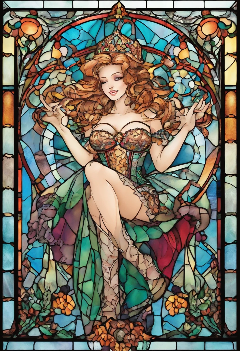 princess, wearing sexy lingerie and beautiful stockings with garter belts, cupping her hands together cheerfully, portrait of stained glass, extremely detailed, absurdes