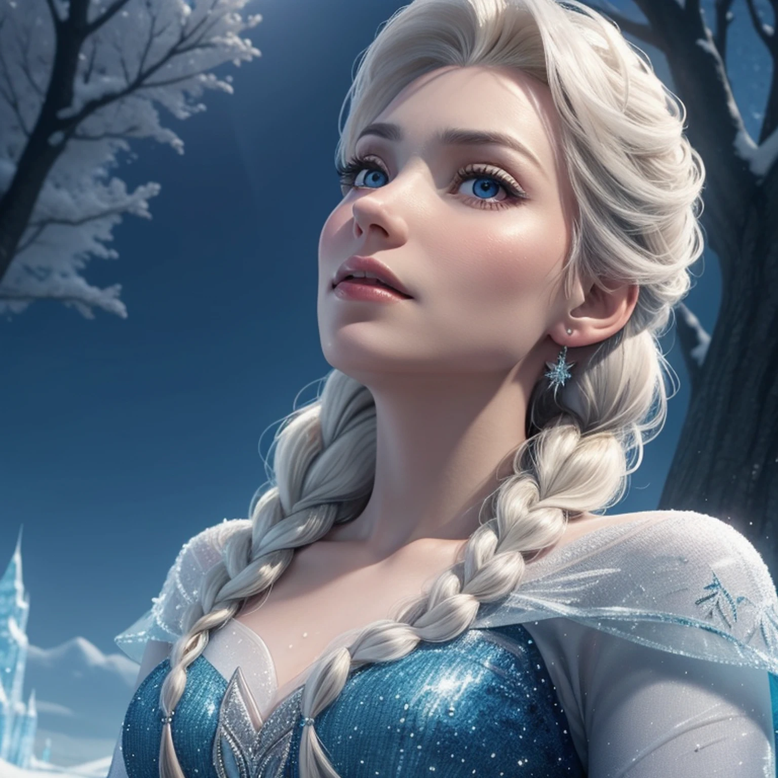 close-up of Elsa from Frozen sitting like a lady under a tree on ice and looking up at the sky, muitos detalhes, Beautiful, Elsa, Frozen, alta qualidade