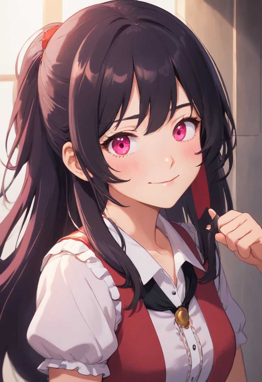 young furry cute little bunny girl with long messy brown hair, RED eyes, wearing a black and red Japanese , wearing a pink pet collar, family friendly
