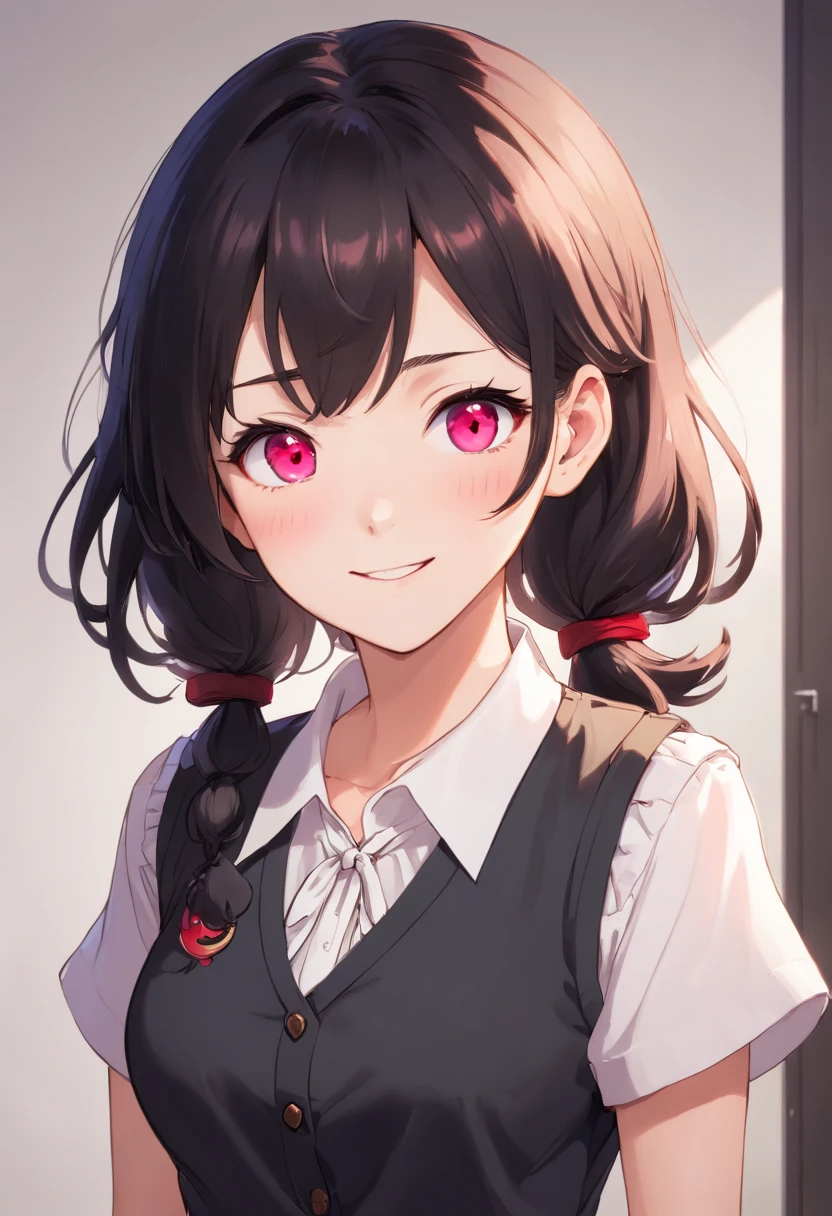 8K picture quality、top-quality、masutepiece、An ultra-high picture quality、ultra-detailliert、Ultra-realistic hair quality、Vibrant colors、Beautuful Women、Beautiful long hair、Shiny hair、detailed hairs, poneyTail、Violet eyes、shinny skin、Lace underwear、big breasts、Sweat on the forehead and cheeks, A smile、soft pink lips、Ultra-realistic flesh feeling、Red cheeks、Black Vest with White Blouse and a Blouse Collar, black hair, looking at camera, blank background, mugshot, yandere