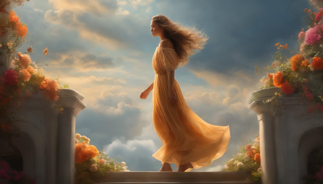 A girl climbing the stairs in the clouds, whimsical, dreamy atmosphere, fluffy white clouds surrounding her every step, gentle sunlight filtering through the mist, beautiful detailed eyes filled with wonder, long eyelashes fluttering with each step, the girl's flowing hair dancing in the wind, her colorful dress floating in the air, creating a sense of movement, a sense of freedom, the stairs made of glistening translucent crystal, reflecting the ethereal light, every step emitting a soft glow, the sound of her footsteps faintly echoing in the vastness of the sky, a surreal landscape stretching out in the distance, vibrant colors blending harmoniously, creating a mesmerizing contrast with the softness of the clouds, the image quality of the artwork is of the best quality, with ultra-detailed elements, realistic and photorealistic rendering, capturing every intricate detail of the scene, vivid colors enhancing the dreamlike atmosphere, a masterpiece in the making, a true work of art.