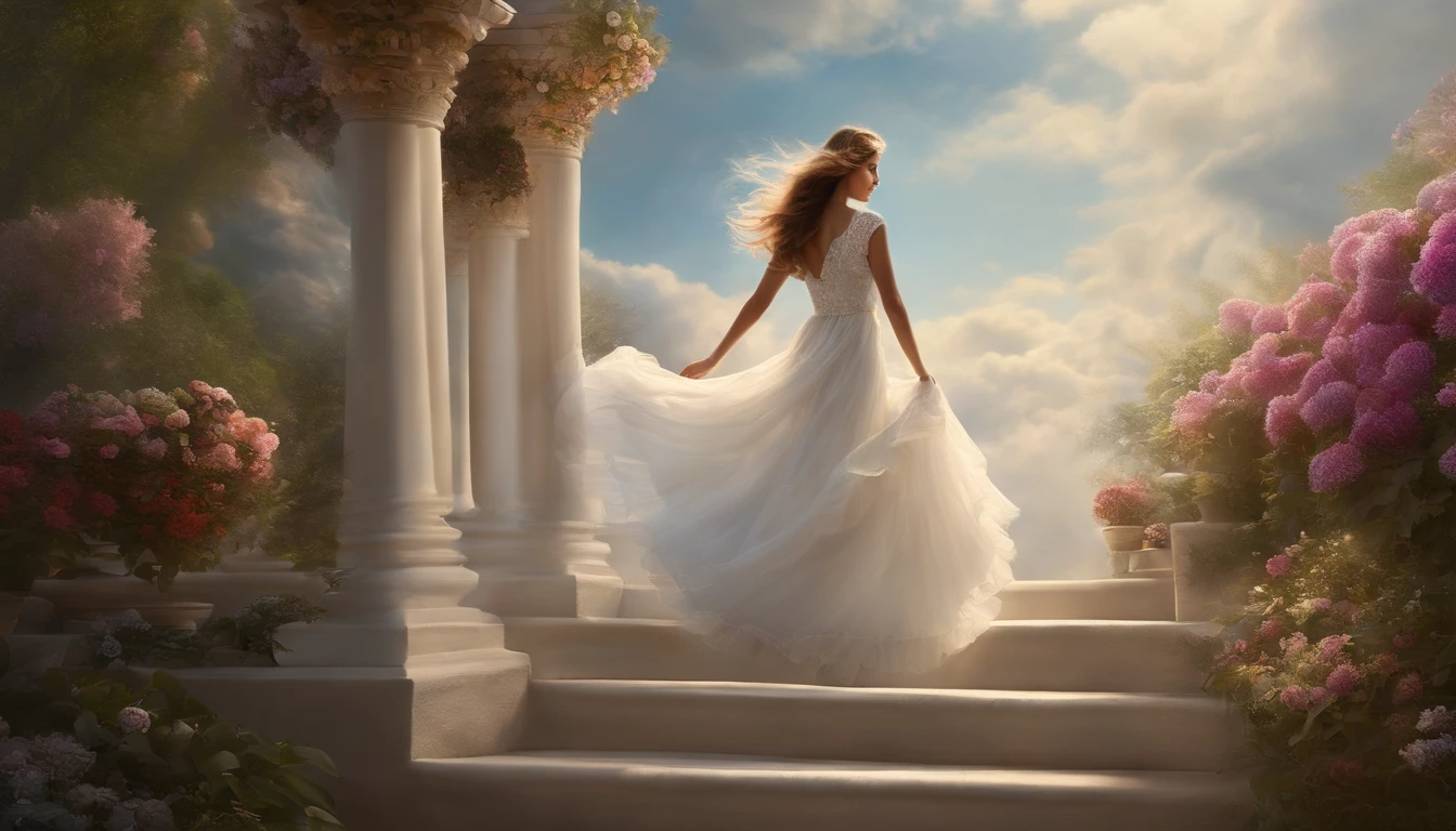 A girl climbing the stairs in the clouds, whimsical, dreamy atmosphere, fluffy white clouds surrounding her every step, gentle sunlight filtering through the mist, beautiful detailed eyes filled with wonder, long eyelashes fluttering with each step, the girl's flowing hair dancing in the wind, her colorful dress floating in the air, creating a sense of movement, a sense of freedom, the stairs made of glistening translucent crystal, reflecting the ethereal light, every step emitting a soft glow, the sound of her footsteps faintly echoing in the vastness of the sky, a surreal landscape stretching out in the distance, vibrant colors blending harmoniously, creating a mesmerizing contrast with the softness of the clouds, the image quality of the artwork is of the best quality, with ultra-detailed elements, realistic and photorealistic rendering, capturing every intricate detail of the scene, vivid colors enhancing the dreamlike atmosphere, a masterpiece in the making, a true work of art.