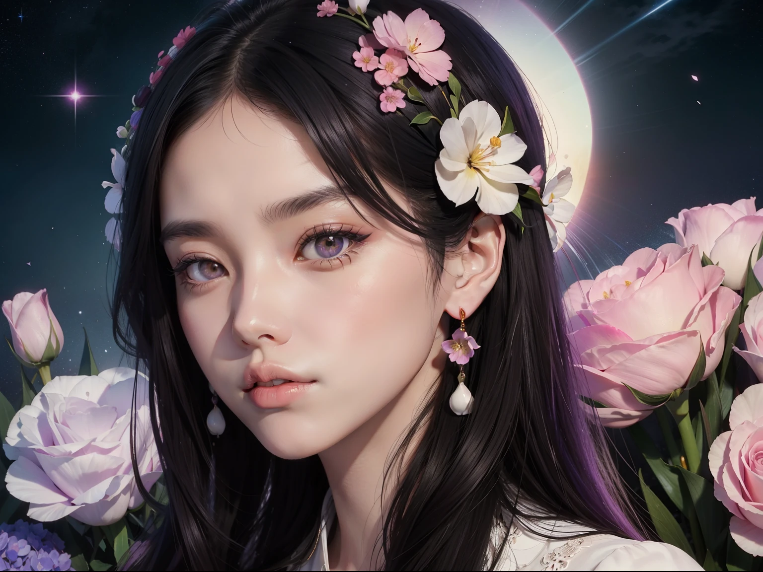 The face of an oriental woman,HD close-up of face,dark bright eyes,Half of the face is covered by flowers,Jet black smooth hair,Surrounded by flowers on all sides,Red roses,White tulips,Purple hydrangeas,Pink tulips,Light green carnations,Black gold-rimmed rose,White sky full of white stars,Purple starry sky,Pink starry sky,Green leaves,Beautiful