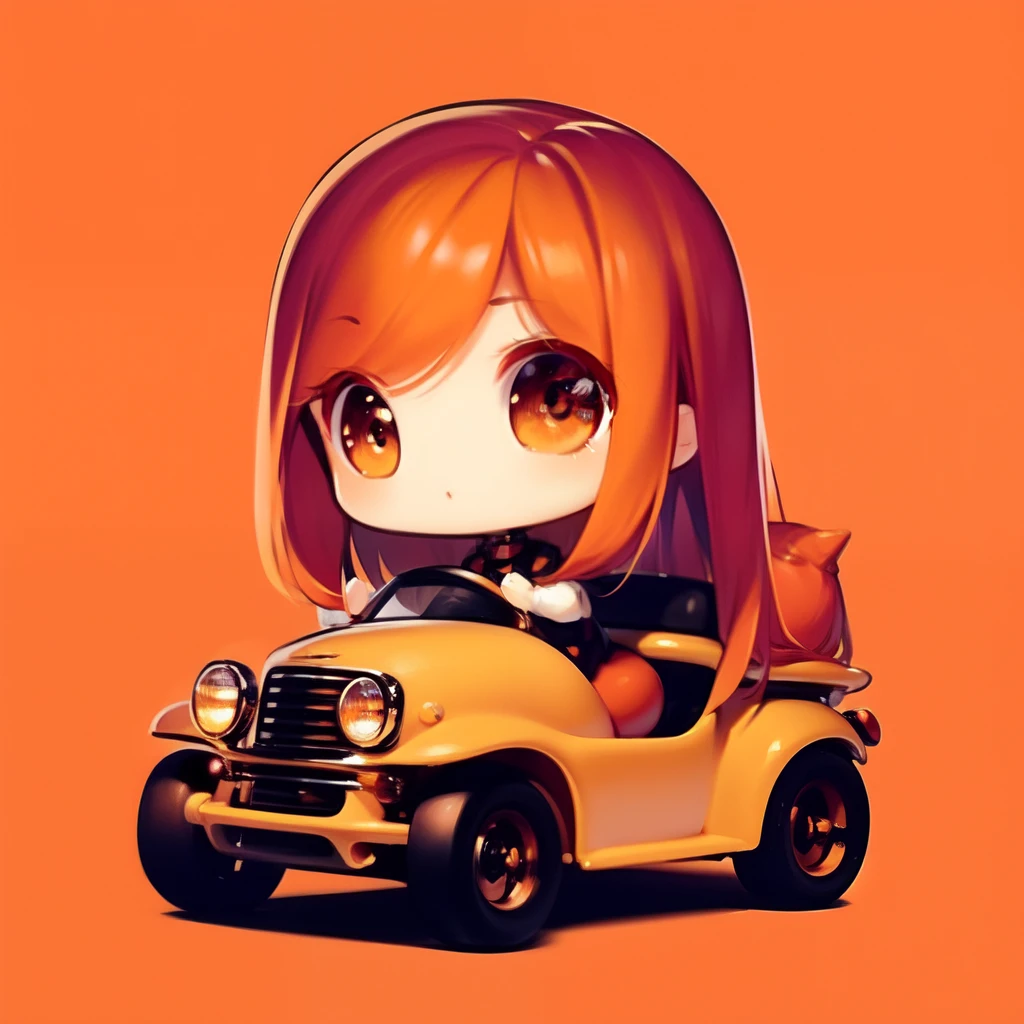 ​masterpiece、detaileds、３Riding a wheeled car、Soft lighting、Long redhead goth cat girl、Orange-eyed chibi、white backgrounid、simple background