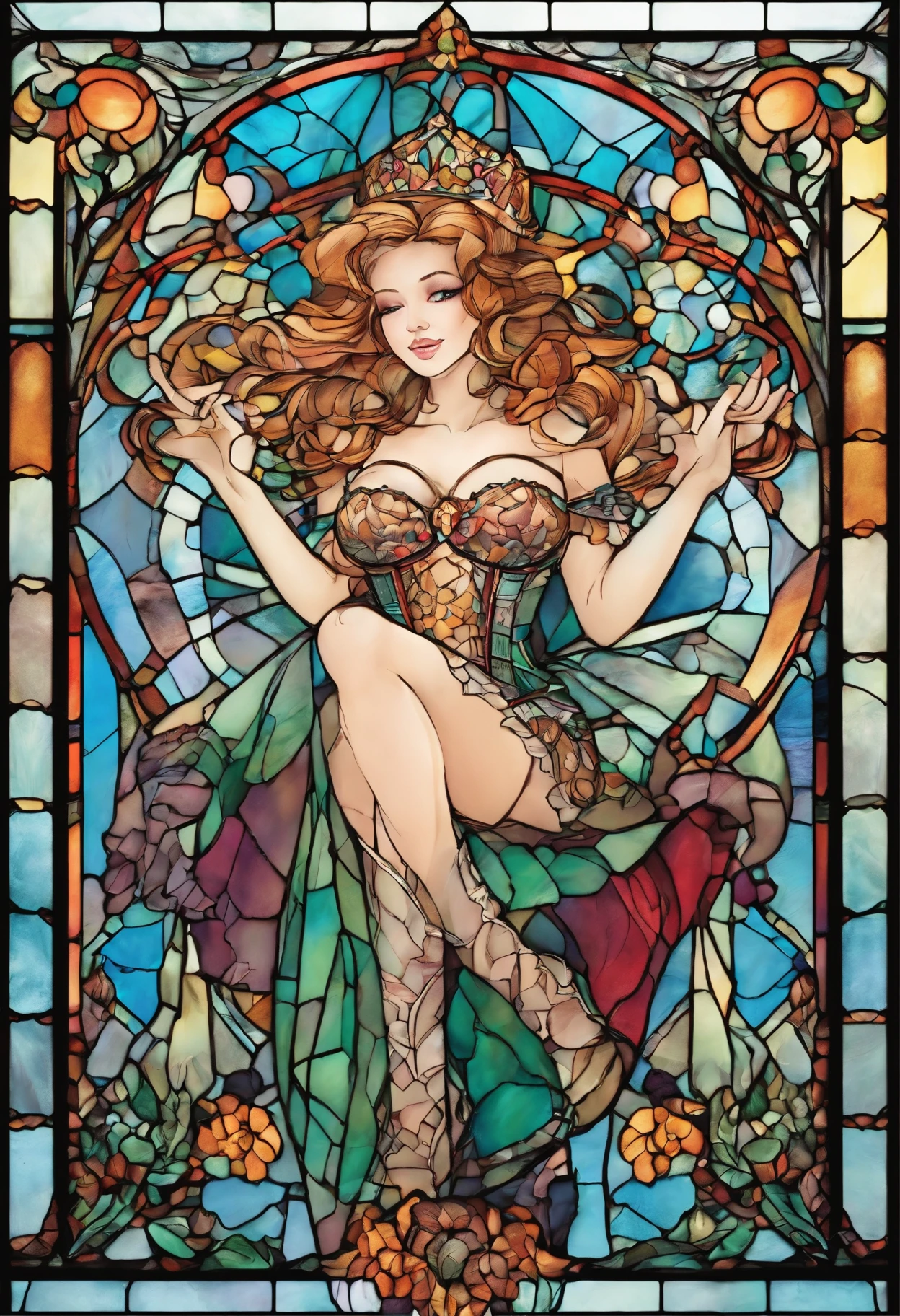 princess, wearing sexy lingerie and beautiful stockings with garter belts, cupping her hands together cheerfully, portrait of stained glass, extremely detailed, absurdes