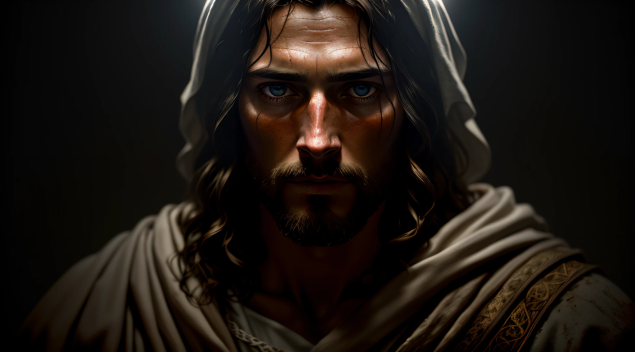 JESUS CHRIST DARK PHOTO: realistic epic, soft cinematic portrait, adobe lightroom, photographic lab, highly detailed, faded, (neutral colors: 1.2), (hdr: 1.4) , (soft colors:1.2), hyperdetailed, (artstation:1.4), cinematic, warm lights, dramatic light, (intricate details:1.1), complex background, (rutkowski:0.66), (blue and orange:0.4)